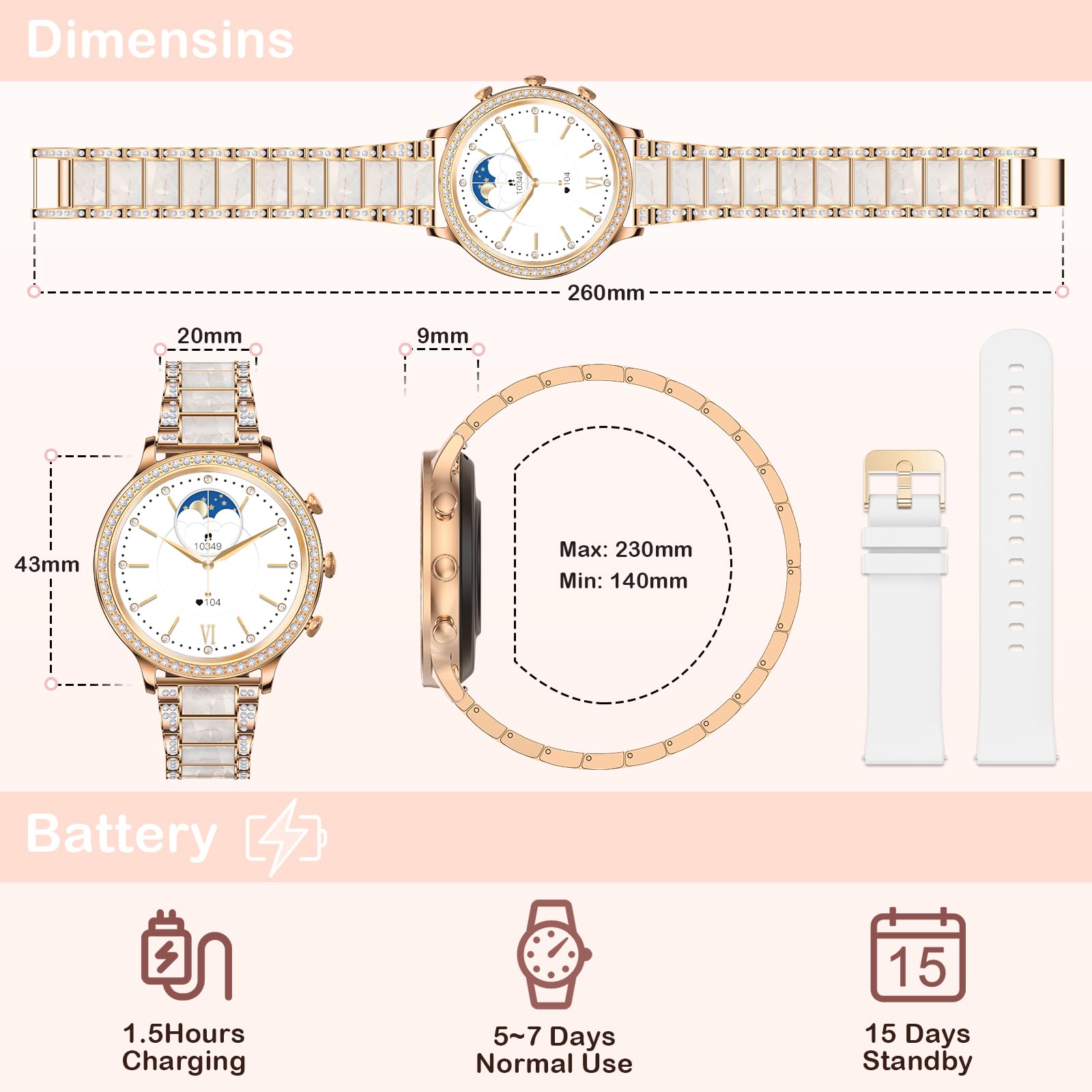 ZKCREATION Montre Connectée Intelligente Femme Appel - Smartwatch Zirconia Incrusté,Bluetooth 20 Modes Sports Fréquence Cardiaque,Sommeil,Podomètre pour Android iOS