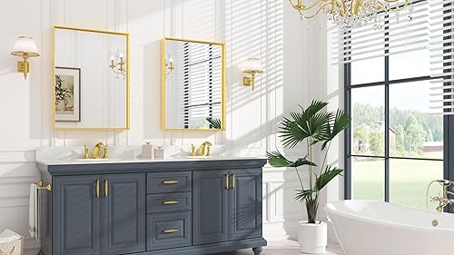 Miniatura 457 de Keonjinn Espejo de baño dorado de 48 x 36 pulgadas, espejo rectangular con marco de metal dorado cepillado, espejo de pared grande rectangular