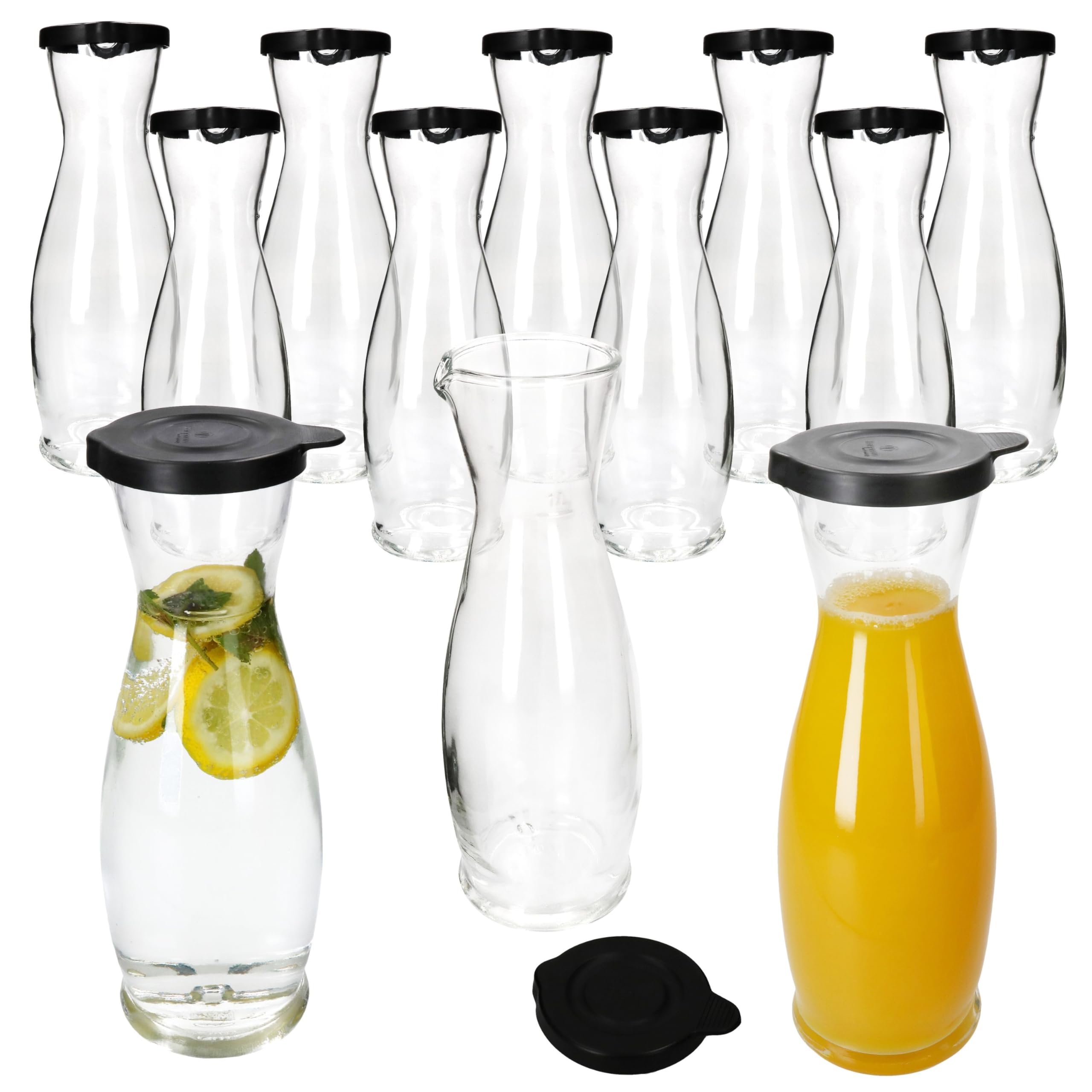 MamboCat 12er Set MIA MISURA Wein-Karaffe mit schwarzem Kunststoff-Deckel I 1 Liter, geeicht I Glas-Krug mit Ausgießtülle für Wein, Wasser, Saft, Milch & Co.