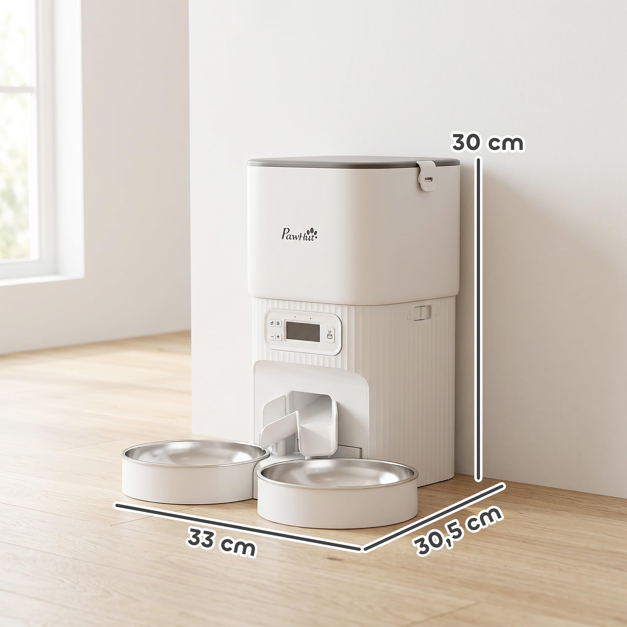 PawHut Mangiatoia automatica per gatti, 4 l, con 2 ciotole in acciaio inox, 1-6 pasti al giorno, design anti-intasamento, display LCD, mangiatoia per gatti e cani
