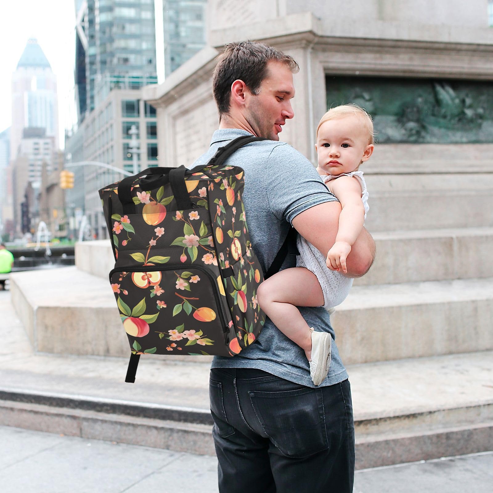 Flores De MelocotóN Negro Mochilas de Pañales para Gran Capacidad Pañal Bolso Mochila para Viajar al Aire Libre Mamá y Papá