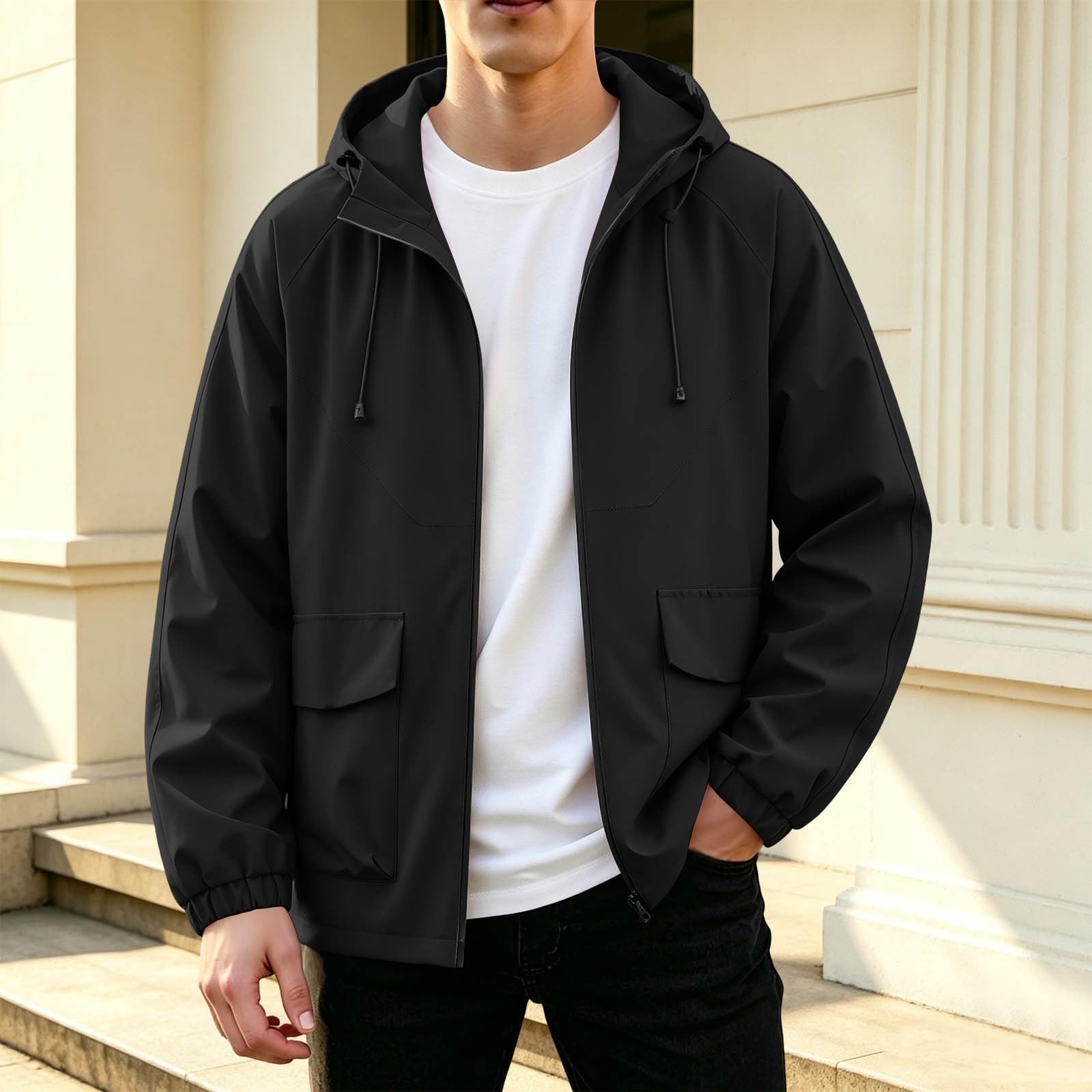 Softshelljacke Herren Winddicht Fahrradjacke Leicht Laufjacke Reissverschluss Übergangsjacke mit Kapuze Atmungsaktiv Funktionsjacke Outdoor Wanderjacke Windjacke Modische Sportjacke Outdoorjacke