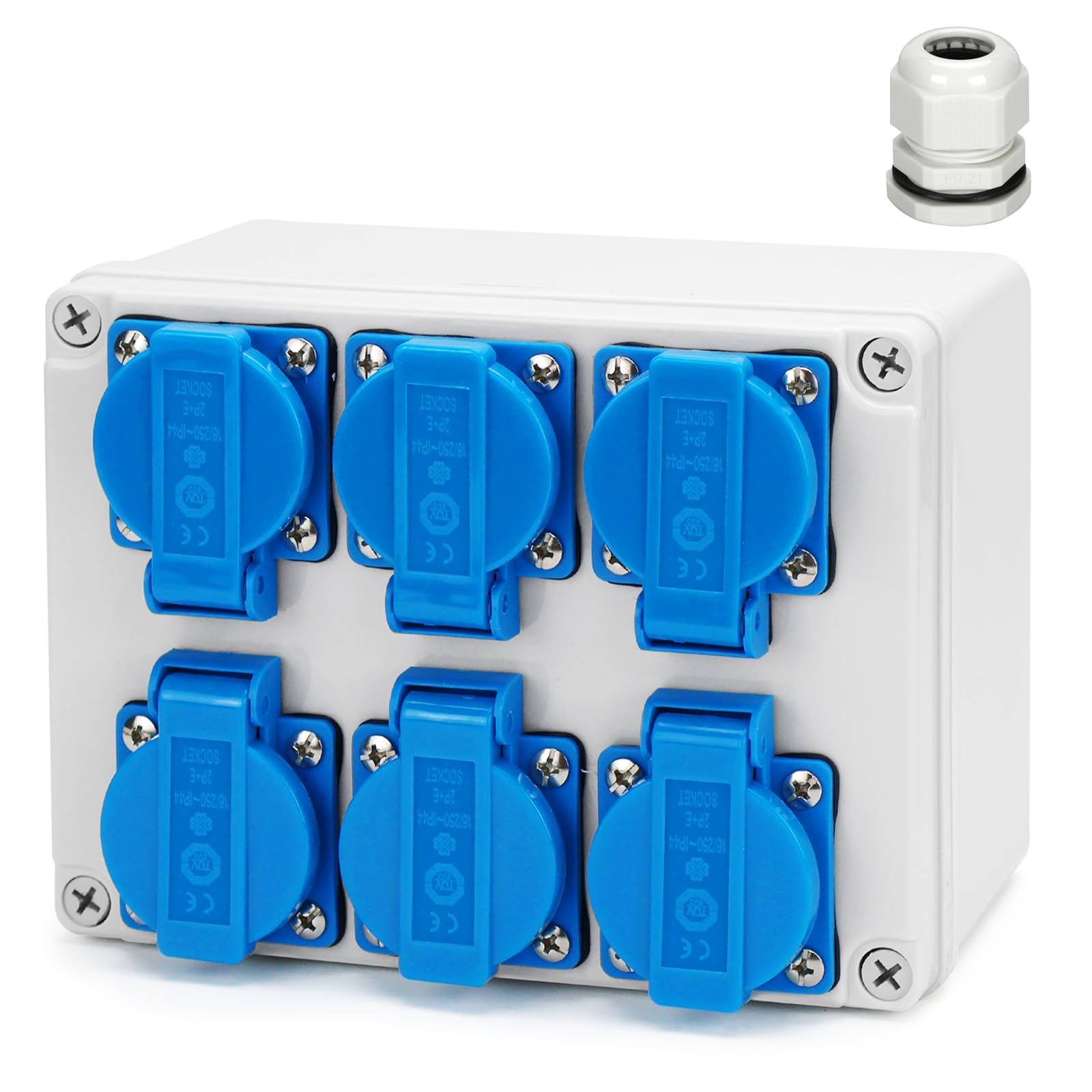 Distribuidor de corriente para construcción, distribuidor de pared, 16 A, 6 x 230 V, IP65, caja de distribución exterior, resistente al agua, caja de distribución de electricidad, caja de distribución