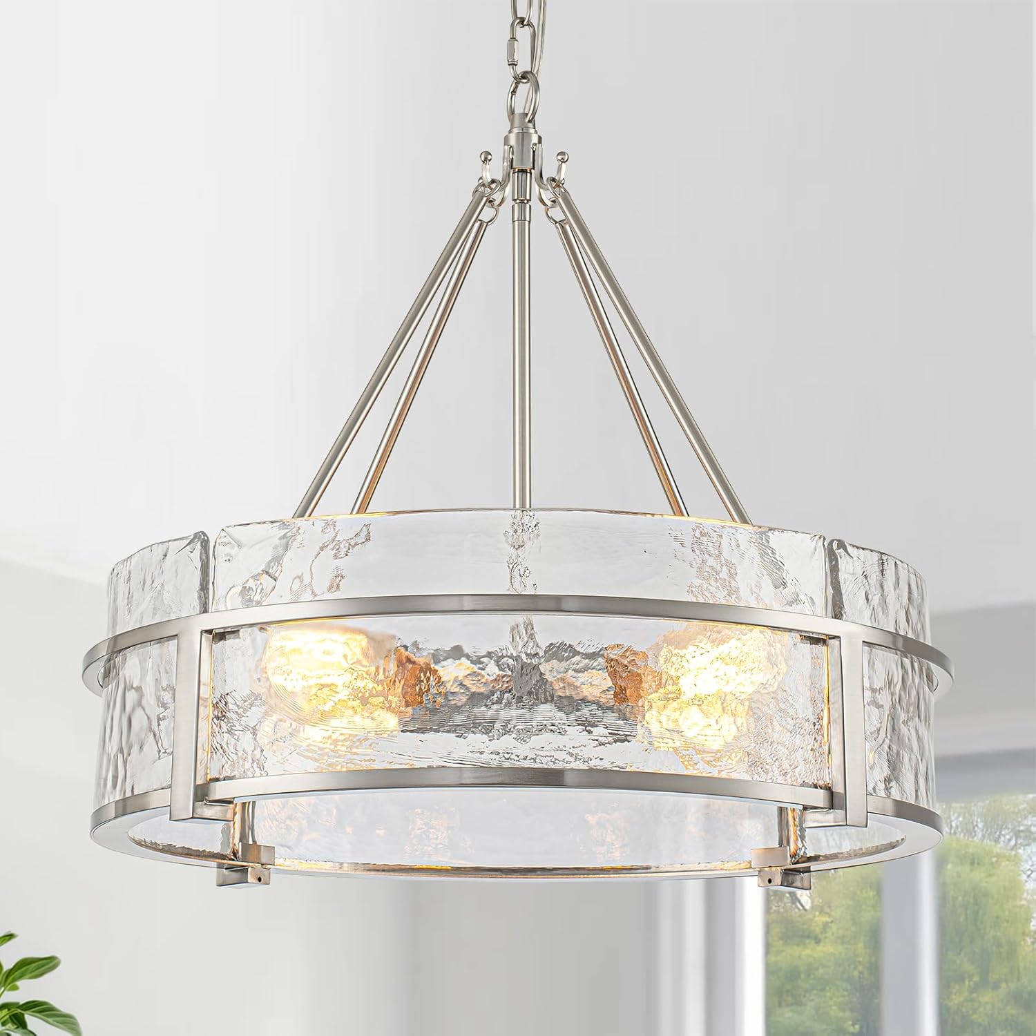 20.47" Modern Glass Chandelier for Dining Room, Brushed Nickel Textured Crystal Drum Kitchen Island Light Fixture Luxury Glass Water Ripple Crystal Chandeliers for Living Room Kitchen Bedroom Foyer