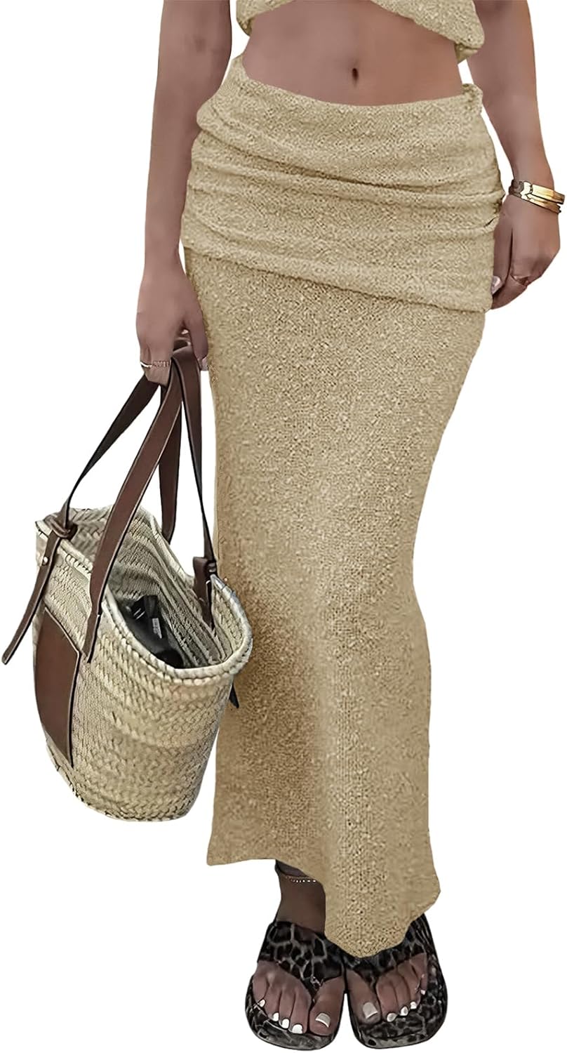 Saodimallsu Womens Beach Cover Up Maxi Skirt Sheer Fuzzy Knit Fold Over Mid Rise 2026 Summer Swimsuit Coverup