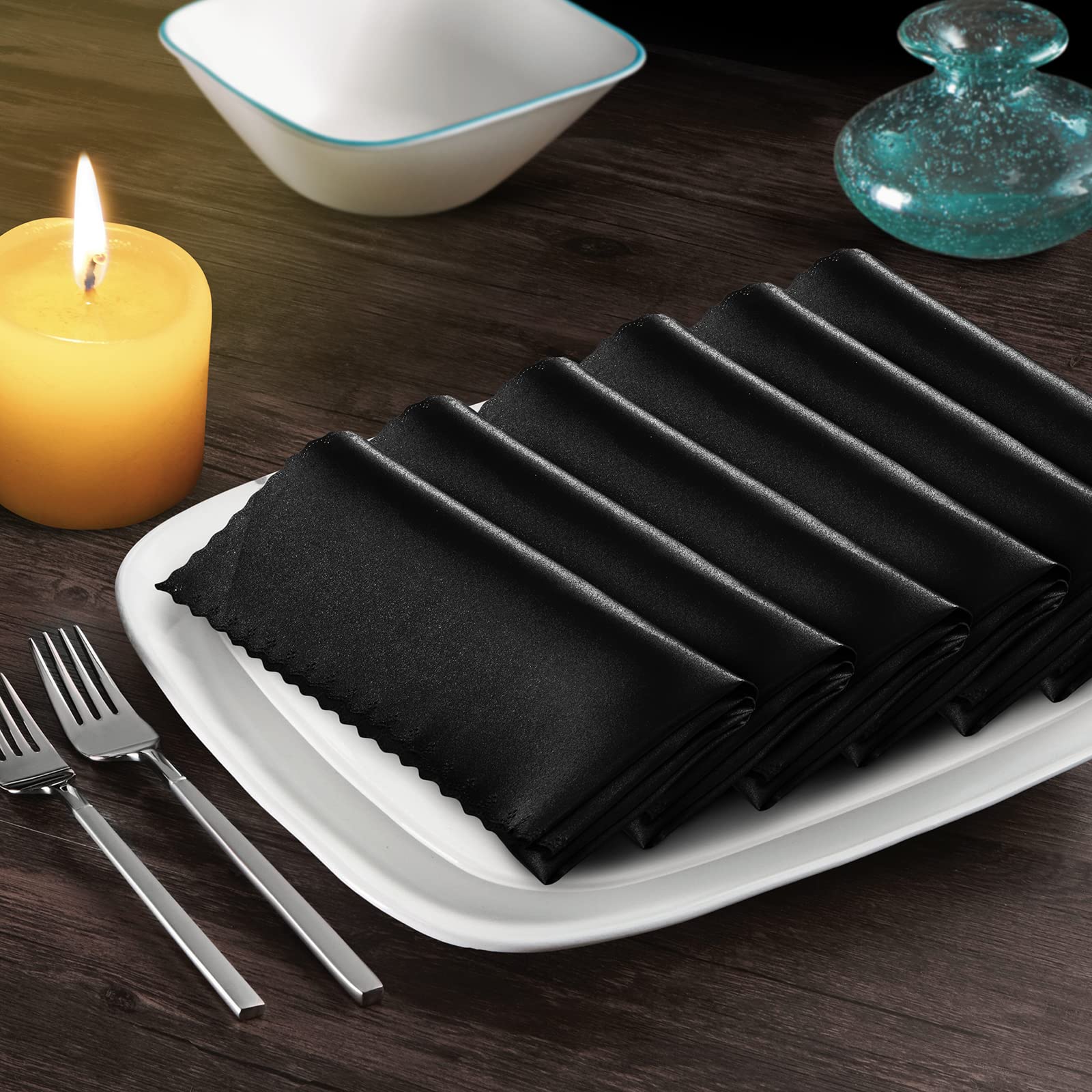 Manyshofu 6-Piece Black Satin Scalloped Napkin Set - 18x18 Inches, Smooth & Reusable for Wedding Dinner Party Lunch Banquet Restaurant