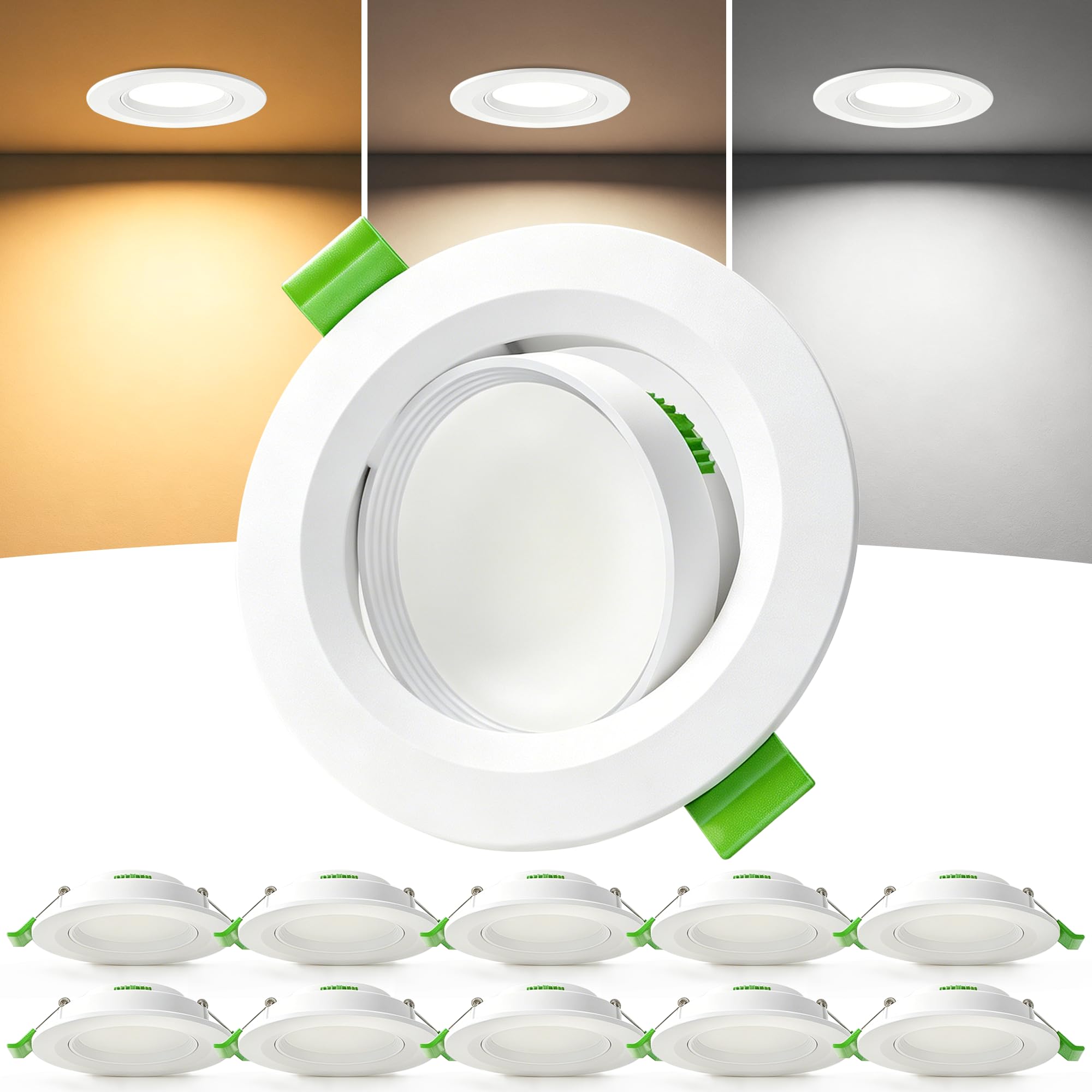 LED Einbaustrahler 230V 5W, 45° schwenkbar, 3CCT 2700K/4000K/6000K, 23 mm Ultra Flach, IP44 LED Spot für Ø68–80 mm Lochmaß, LED Einbauleuchten für Badezimmer, Wohnzimmer & Küche, Weiß 10er Set
