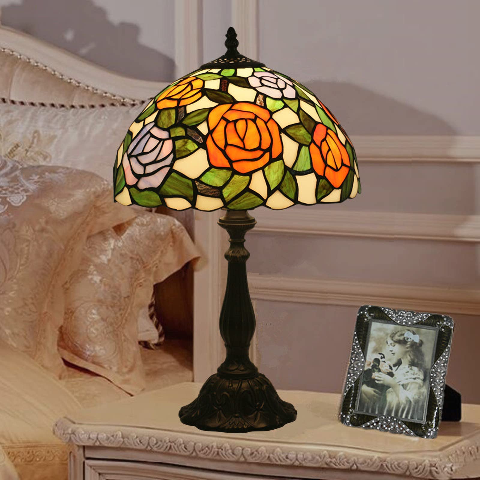 12-calowa lampa stołowa, ręcznie robiony klosz z różowego witrażu, lampka nocna w stylu pasterskim
