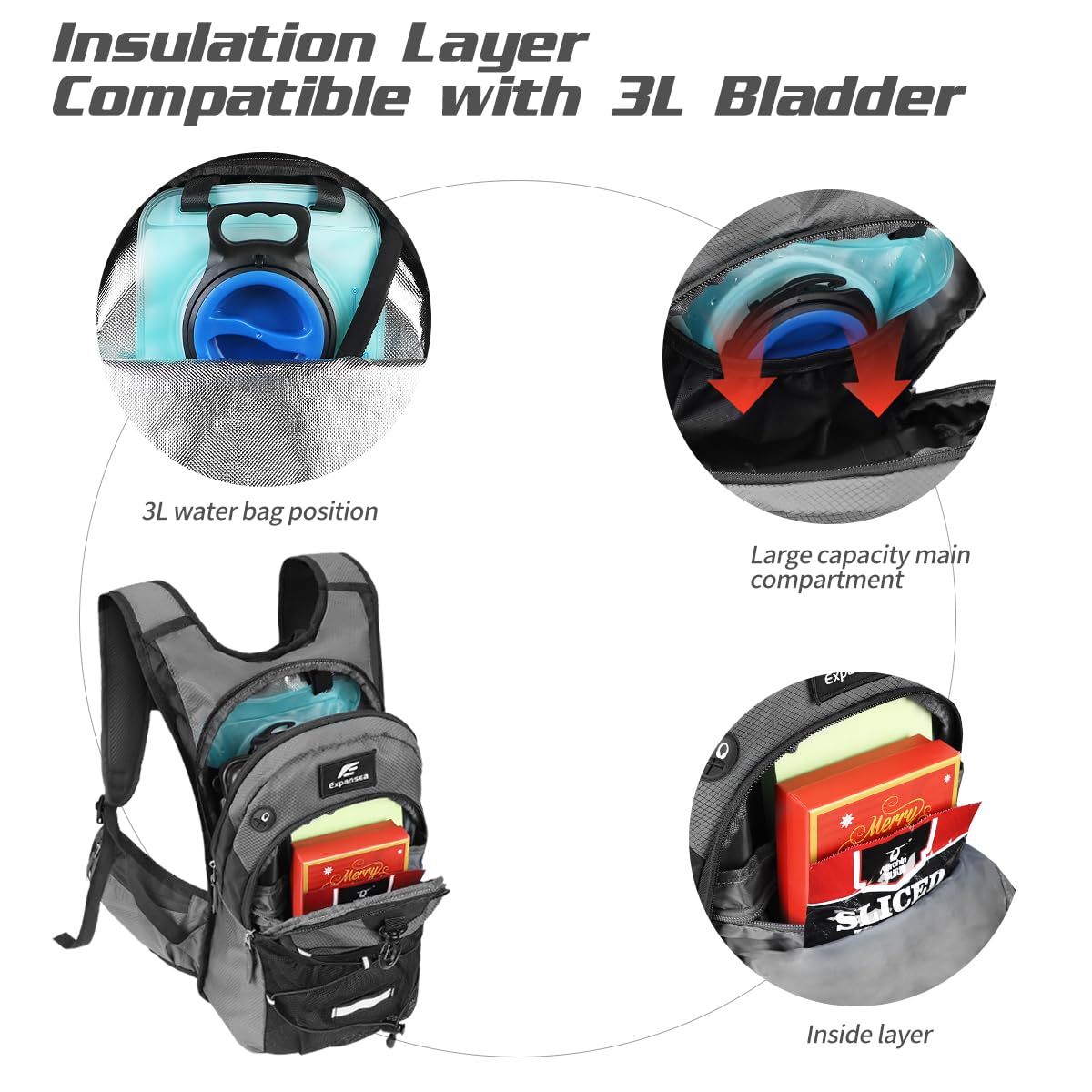 Sac à Dos d'hydratation avec vessie d'hydratation 3L, Sac à Dos de Cyclisme extérieur imperméable et Respirant de Grande capacité, pour la Course, la randonnée, Le Cyclisme, Le Camping…