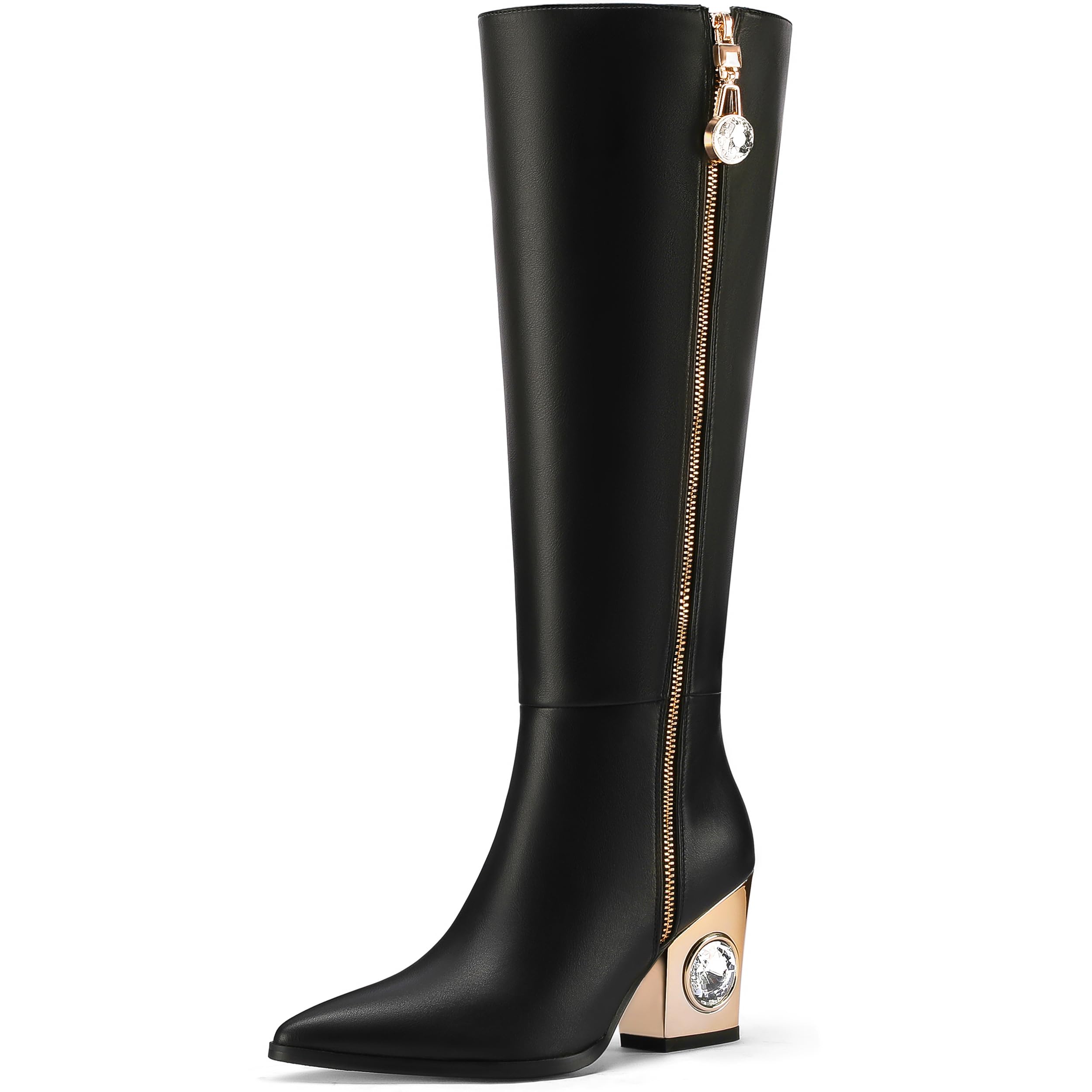 Knee High Boots for Women Cowboy Boots Chunky Heel Pointed Toe Cowgirl Boots with Rhinestone Side Zipper Tall