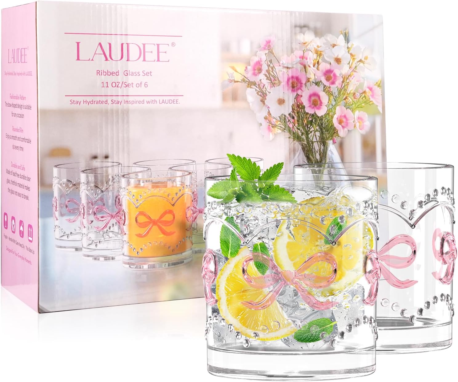 11OZ Ribbed Glass Coffee Cups Set of 6, Vintage French-Style Glasses with Delicate Pink Bow and Dot Relief, Elegant and Durable Glassware for Hot and Cold Beverages, Thick-Bottomed and Dishwasher Safe