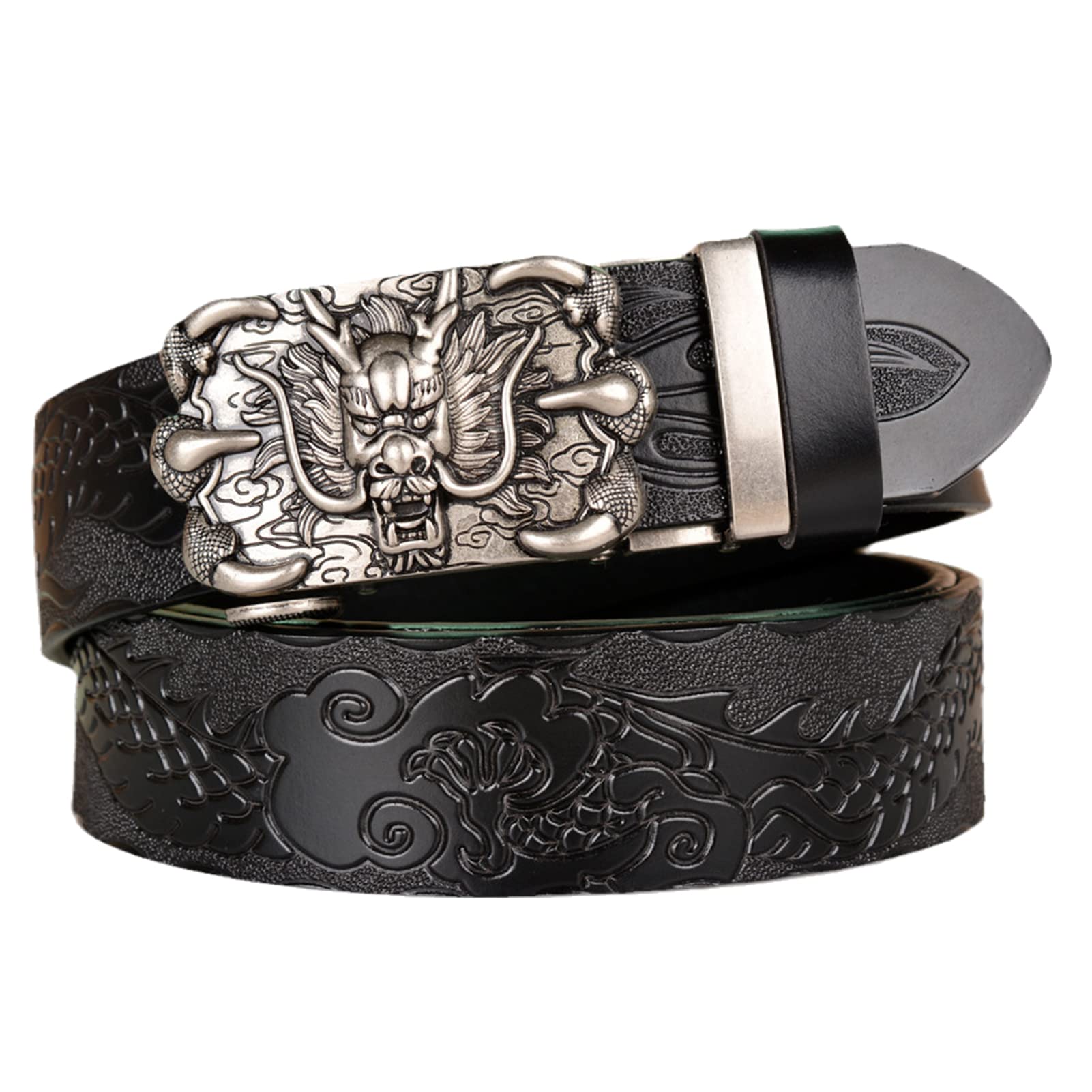 pasek, Męski skórzany automatyczny pasek zapadkowy ze srebrną klamrą w kształcie pazura smoka, klasyczny design do pracy, biznesu i na co dzień(Black,110cm/waist:36"~38")