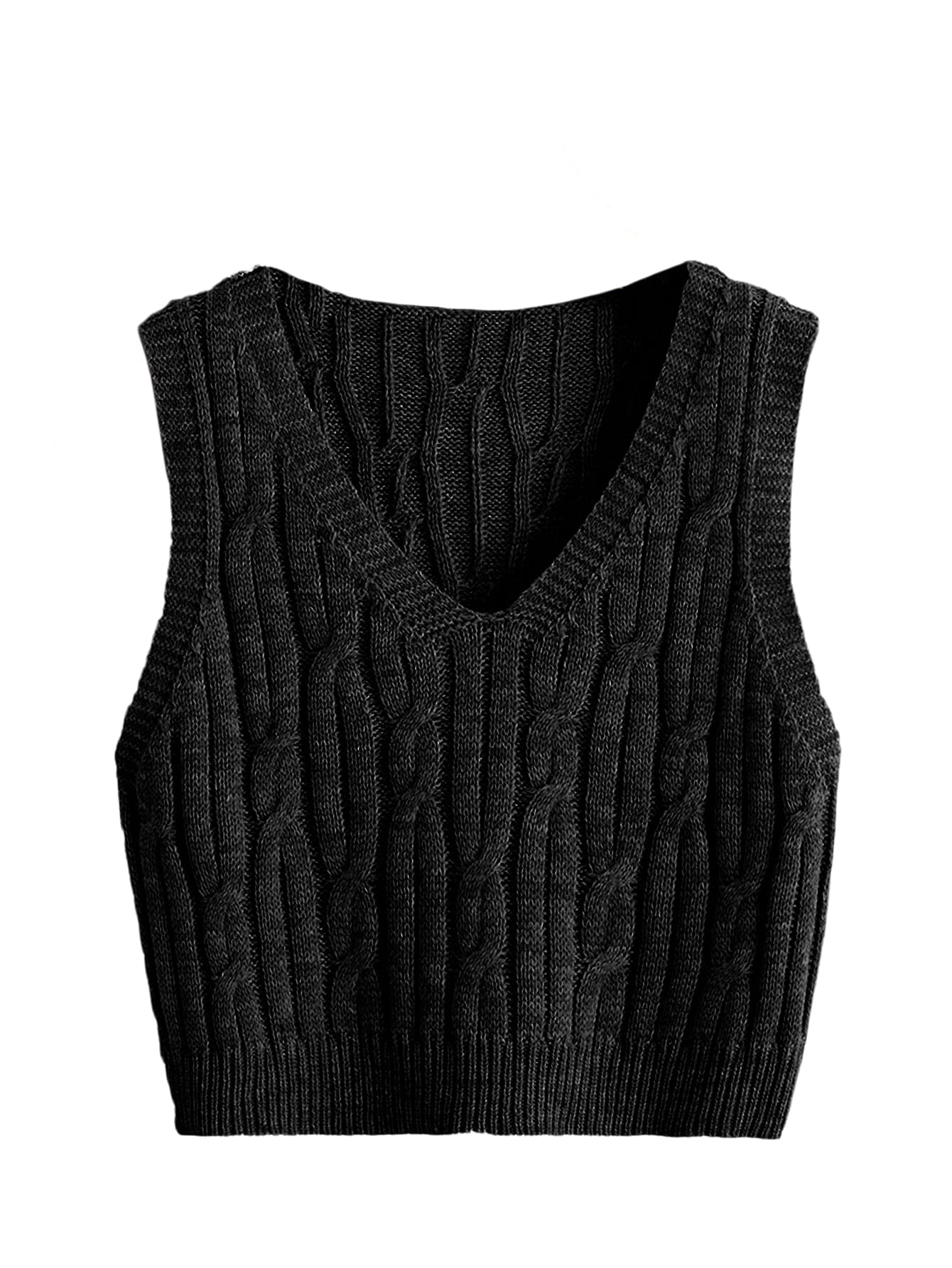 quecy Women's V Neck Sleeveless Cable Knitted Crop Tank Top Sweater Vest-picture-35