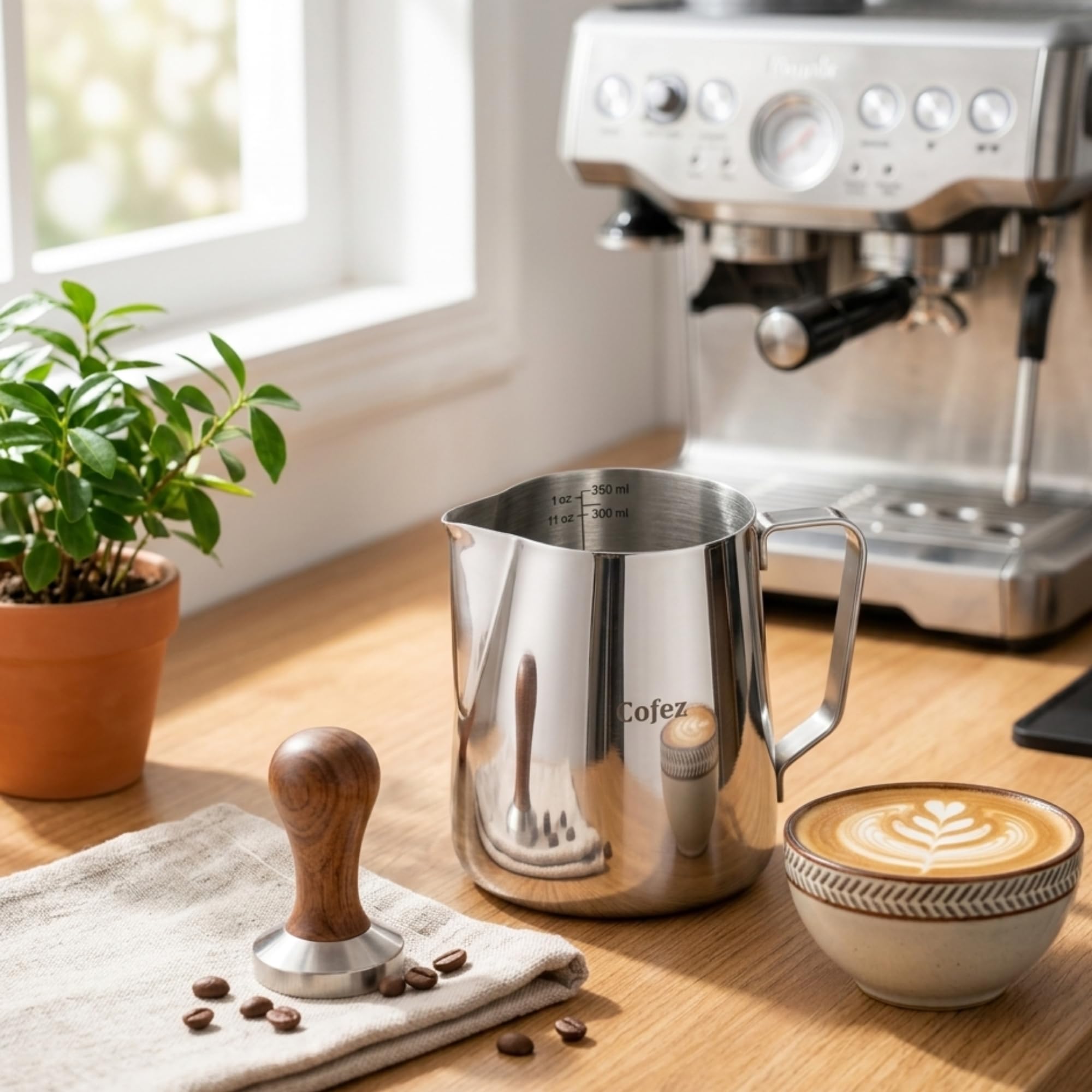 Milchkännchen Edelstahl 350ml mit skala - barista kanne für Latte Art - Hochwertige Milchkanne als Kaffee Zubehör - Perfekt zum Milchaufschäumen - Aufschäumkännchen zum Milch aufschäumen (Silber)