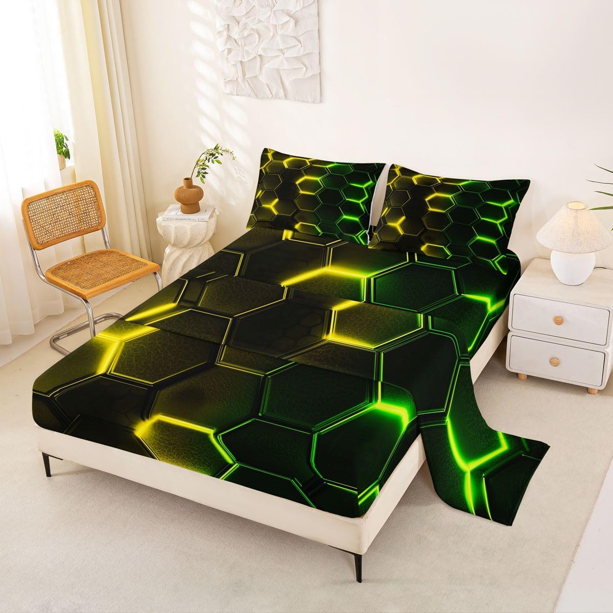 3D Honeycomb Bedding Sets Full Size,Neon Green Yellow Bed Sheet 4Pcs for Kids Girls Boys Teens Room Decor,Geometric Hexagonal Pattern Fitted Sheets Video Games Top Flat Sheet,2 Pillowcases
