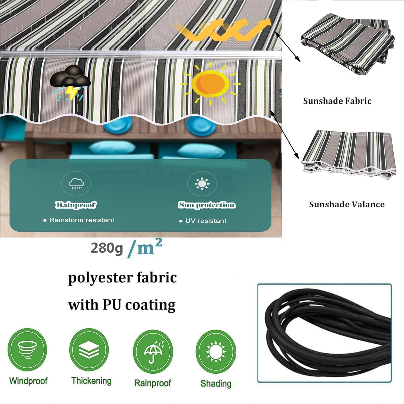 Tela de Reemplazo de Toldo Manual Retráctil Cubierta de Tono de Sol De Jardín de Patio Al Aire Libre 280g/m² de Tela de Poliéster UV y Resistente Al Agua(Size:3.5x3m,Color:Multi Stripes)