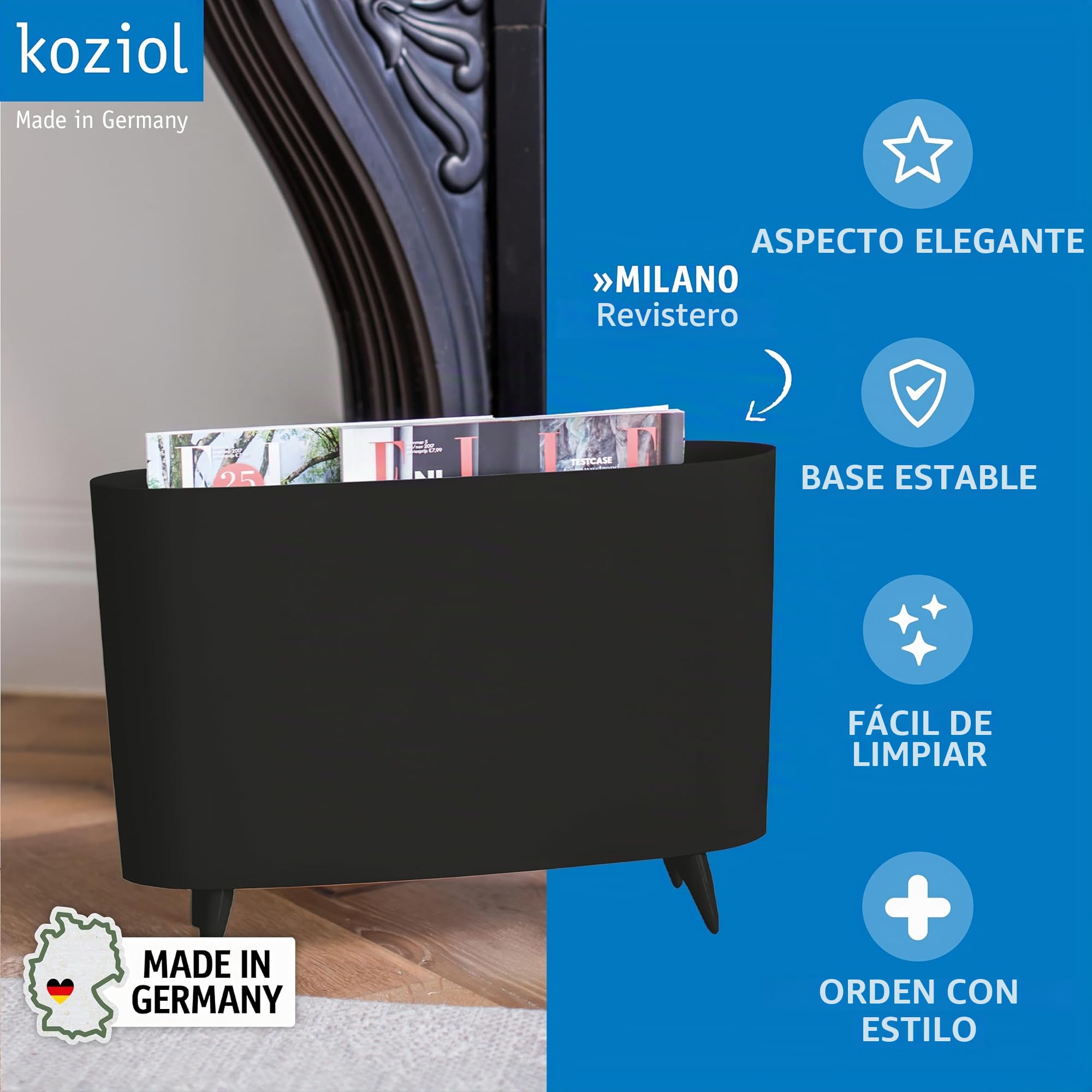 Koziol Milano Solid Revistero, plástico termoplástico, Negro Completo, 12 x 45.7 x 31.5 cm