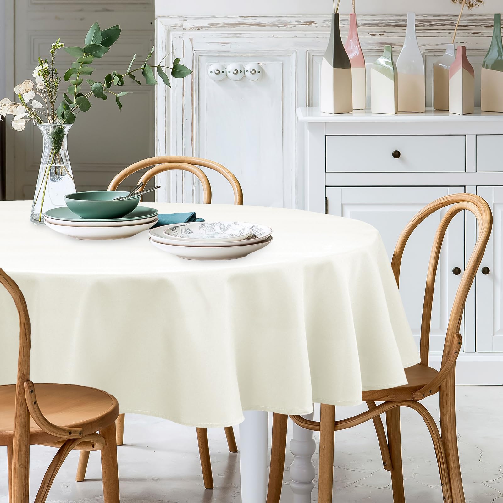 XWZO Round Tablecloth 60 Inch Polyester Table Cloth, Round Table Cover Waterproof Wipe Clean Spillproof for Kitchen Dining Wedding Outdoor Picnic Buffet Party, Ivory