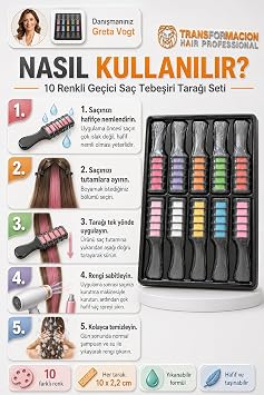 Transformacion 10 Renkli Geçici Saç Tebeşiri Tarağı Seti - Yıkanabilir Rengarenk Canlı Saç Boyası Tarağı Doğum Günü, Kostüm Partisi ve Festival Eğlence Taraklı Saç Renklendirici Set 723333