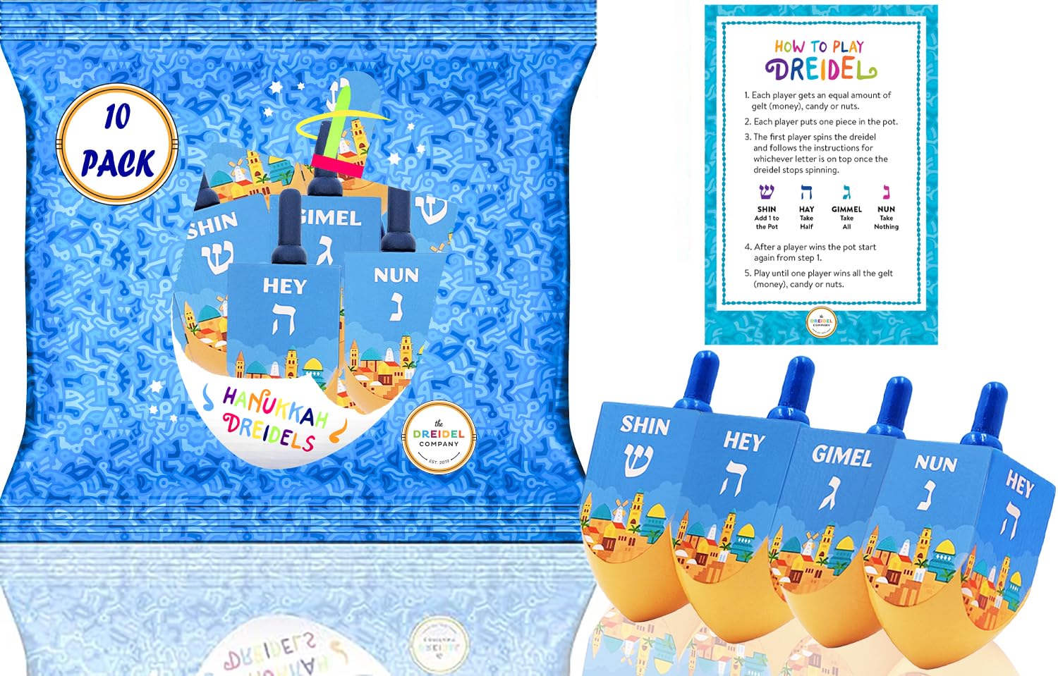 The Dreidel Company - Jerusalem Wood Dreidels, The Hanukkah Game, Instructions Included - Extra Large (Pack of 10)