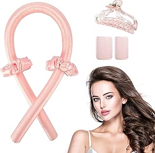 قضيب تجعيد الشعر للنساء، بدون حرارة، طوق للرأس، تجعيدات بدون حرارة، بكرات شعر فوم ناعمة لتمويج الشعر، قضبان مرنة لشعر طويل طبيعي، شريط حريري لتجعيدات الشعر للنوم، بكرات شعر، سهل الاستخدام، (بينك)