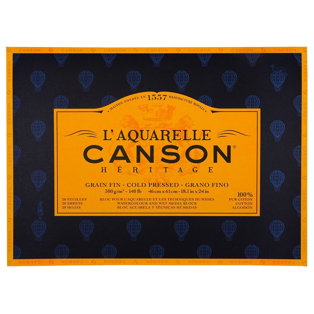 Canson Heritage blocco collato 4 lati per acquerello,20 fogli,46x61cm,grana fine,300g/m