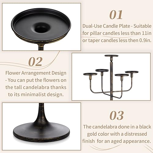 Miniatura 5 de Sziqiqi Centro de mesa de candelabro de piso negro de 5 brazos de 48 pulgadas de alto, portavelas para velas cónicas de pilar cónico de metal,