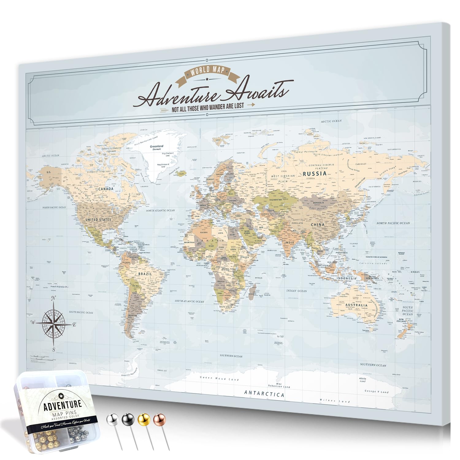 IPIC Blue Ocean World Travel Map with Pins, World Map Pin Board, 40x30 in