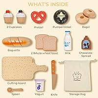 Vista 3 de PairPear Juguete de madera para panadería, juego de comida para niños, 22 piezas de juguetes de cocina para niños pequeños de 3 años, accesorios