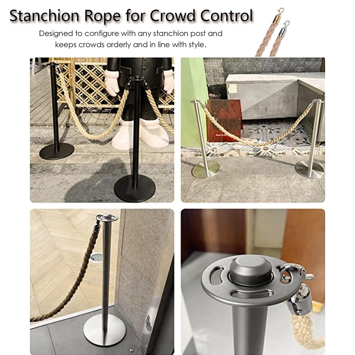 Barreras de seguridad de cuerda de cáñamo para control de multitudes, cuerda trenzada resistente con mosquetones pulidos, postes de delimitación para seguridad y gestión de eventos