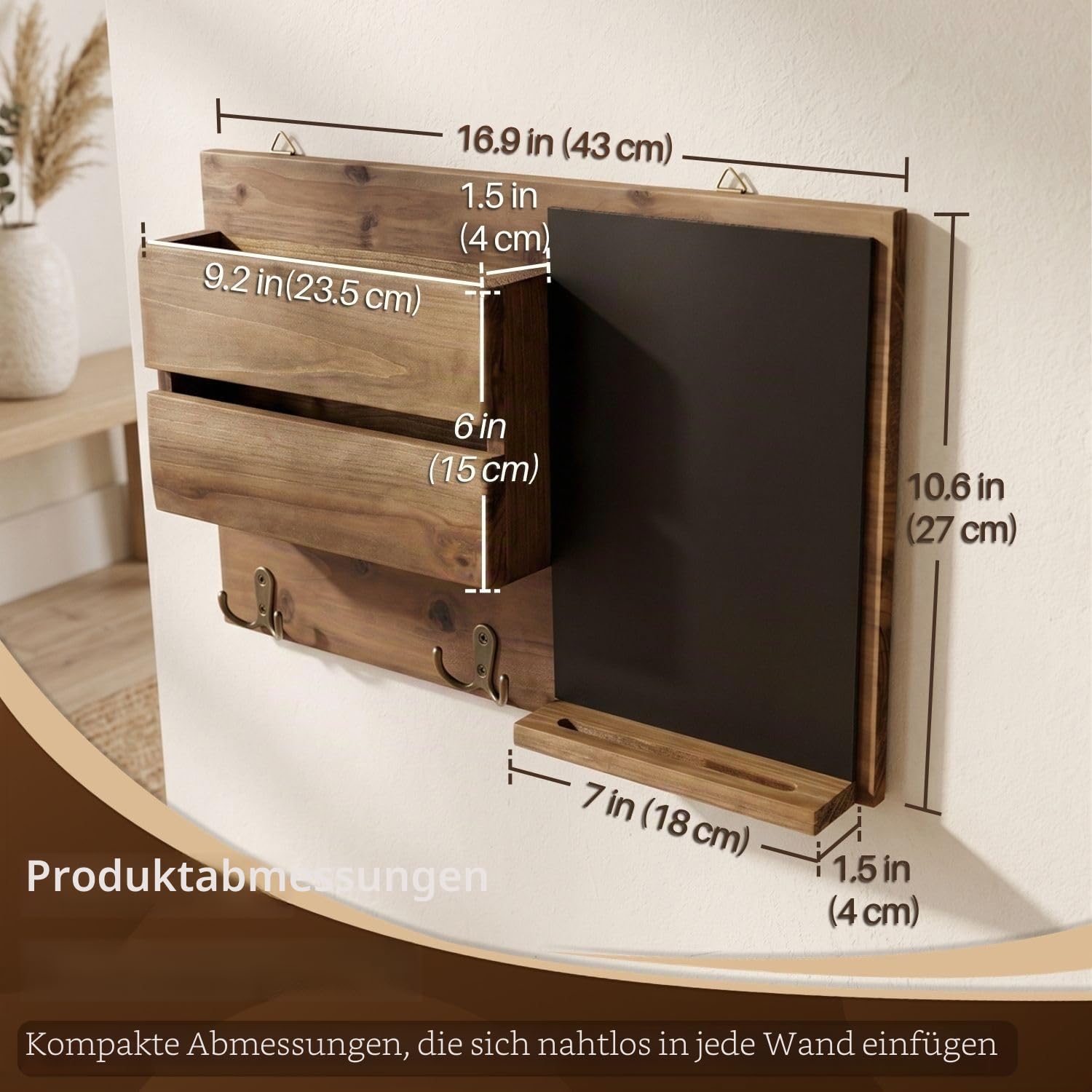 Flexzion Rustikale Holz-Wand-Organizer für den Eingangsbereich, wandmontierter Mudroom-Aufbewahrungs-Organizer mit Kreidetafel/Memoboard & Schlüsselhaken/f Möbel-Accessoire für Haustür und