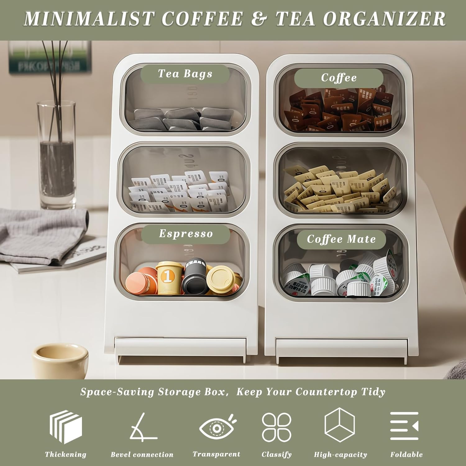 Coffee Pod Holder with 3 Removable Box K Cup Storage Container Coffee Bar Accessories for Creamer Suger Plastic Desk Organizer Box Tea Bag Organizer