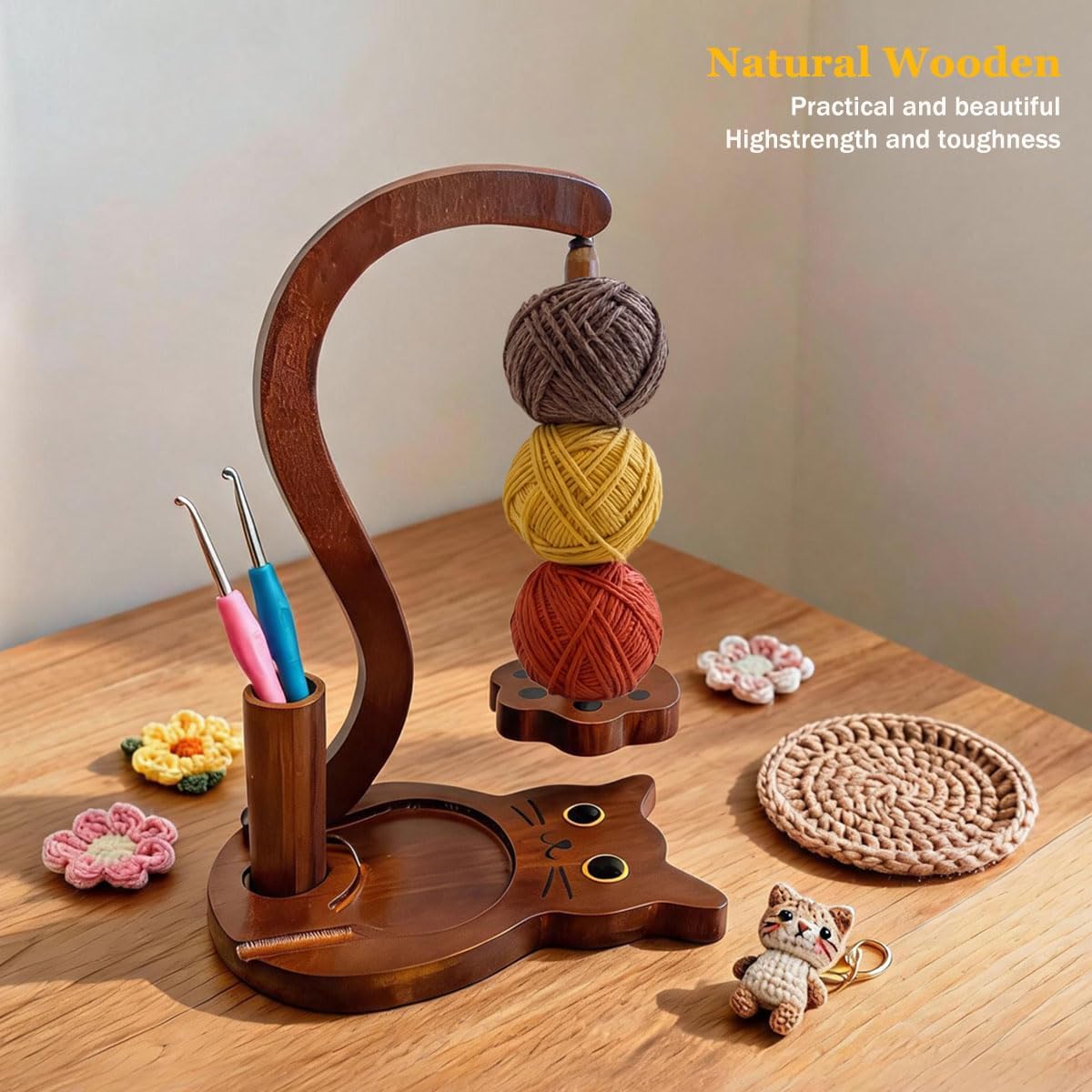 MouMouPurr Wooden Yarn Holder for Crocheting Knitting, Magnetic Rotating Yarn Spinner with Anti-Slip Pads, Yarn Ball Organizer with Pen Holder, Phone Stand, Craft Accessories Gifts for Knitting Lovers image 5