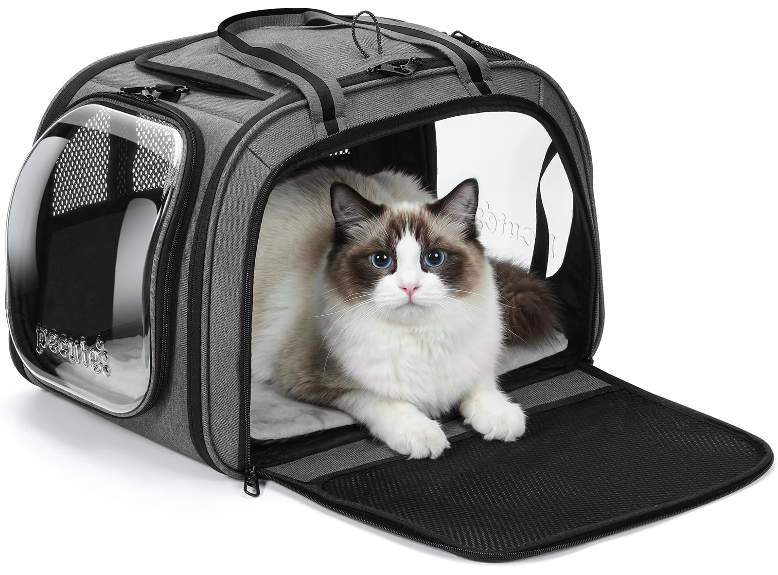 pecute Trasportino per Gatti Borsa per il Trasporto di Animali Domestici con Telaio in Acciaio Anti-deformazione da 7 mm, Tendina Avvolgibile per la Privacy, Finestra a Bolla, Taglia L, Grigio