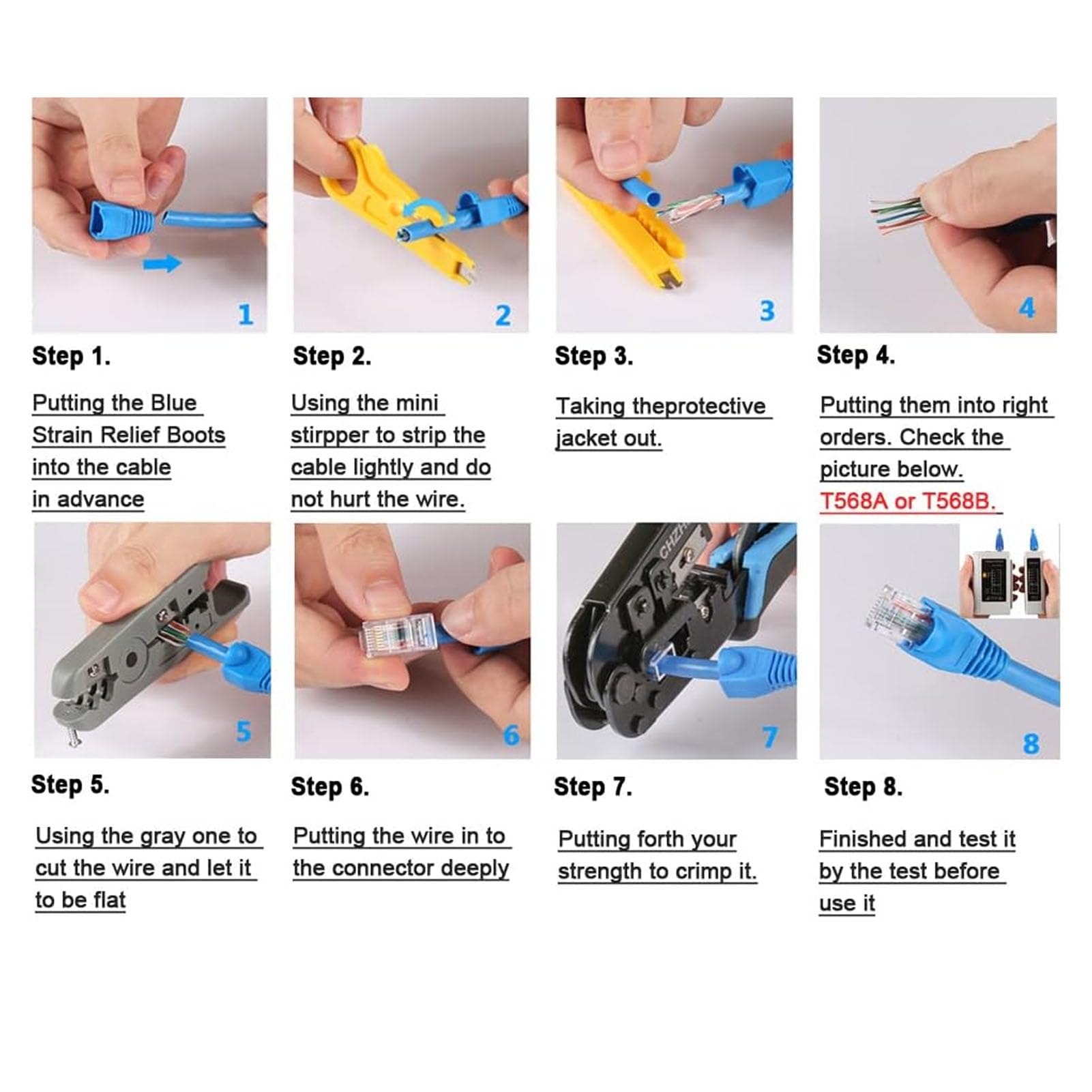 Fockety Kit Crimpatrice RJ45, Crimpatrice Ethernet Passante per Cavi Cat5, Cat5e e Cat6 con Connettori 8P8C, per Cavi RJ45, RJ11, RJ12, Crimpatrice e Tester Cat6, Crimpatrice Passante