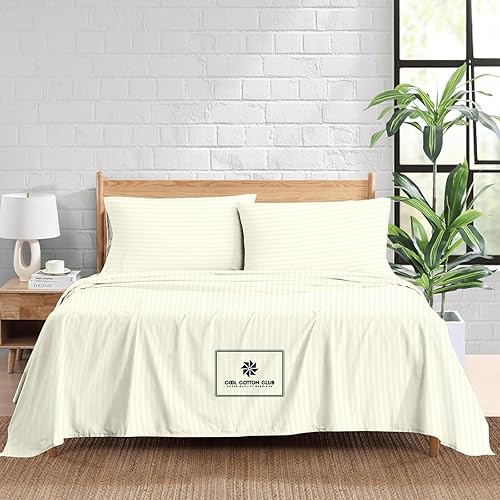 Juego de sábanas de algodón Pima peruano de 1000 hilos, 4 piezas, se adapta a bolsillos de hasta 14 a 16 pulgadas de profundidad (rayas, marfil)