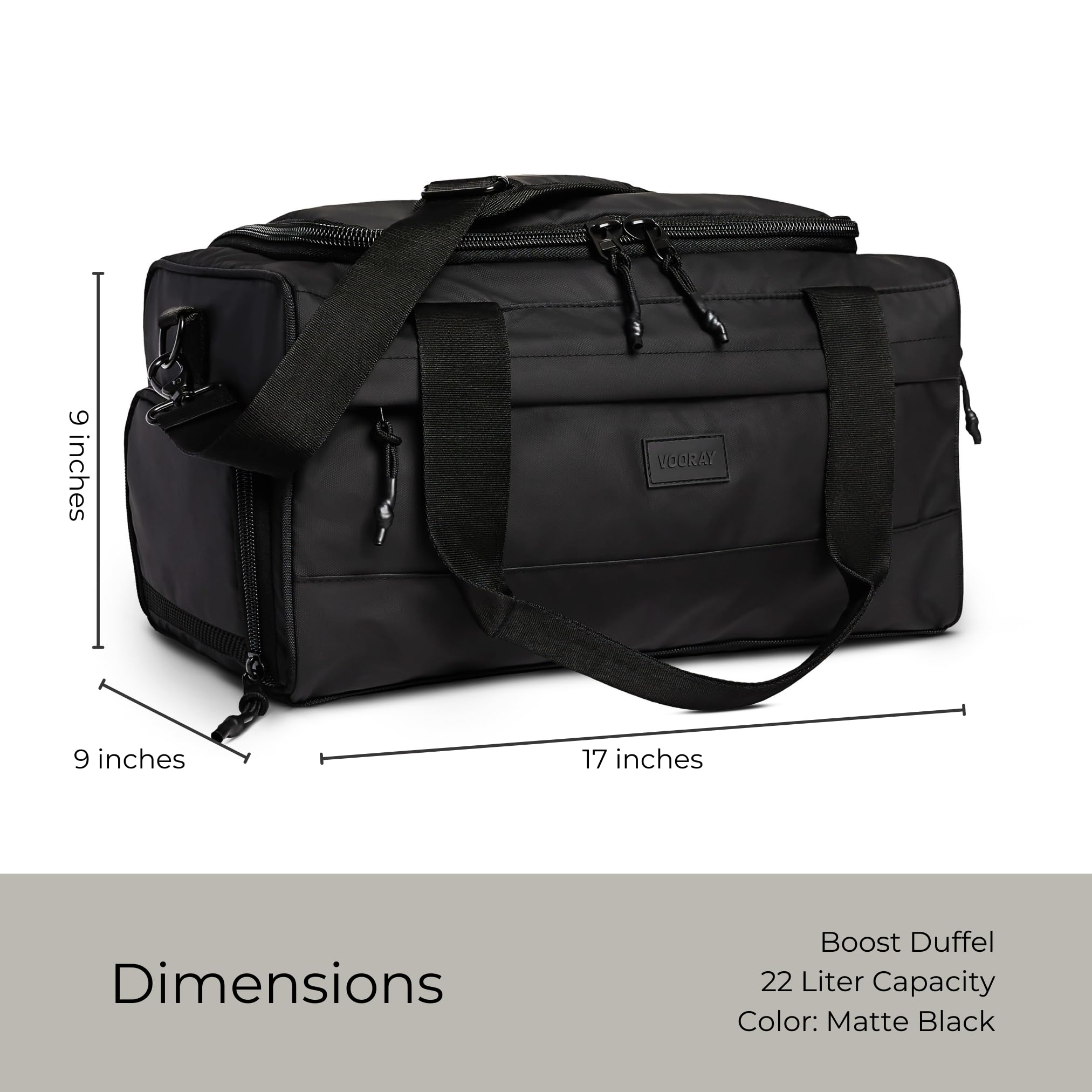 Vooray Boost Duffel 22L - 43.2 cm - Große wasserdichte Sporttasche mit Schuhfach, Zubehörtaschen, Premium Reisetasche, strapazierfähige Wochenendtasche (schwarz matt)