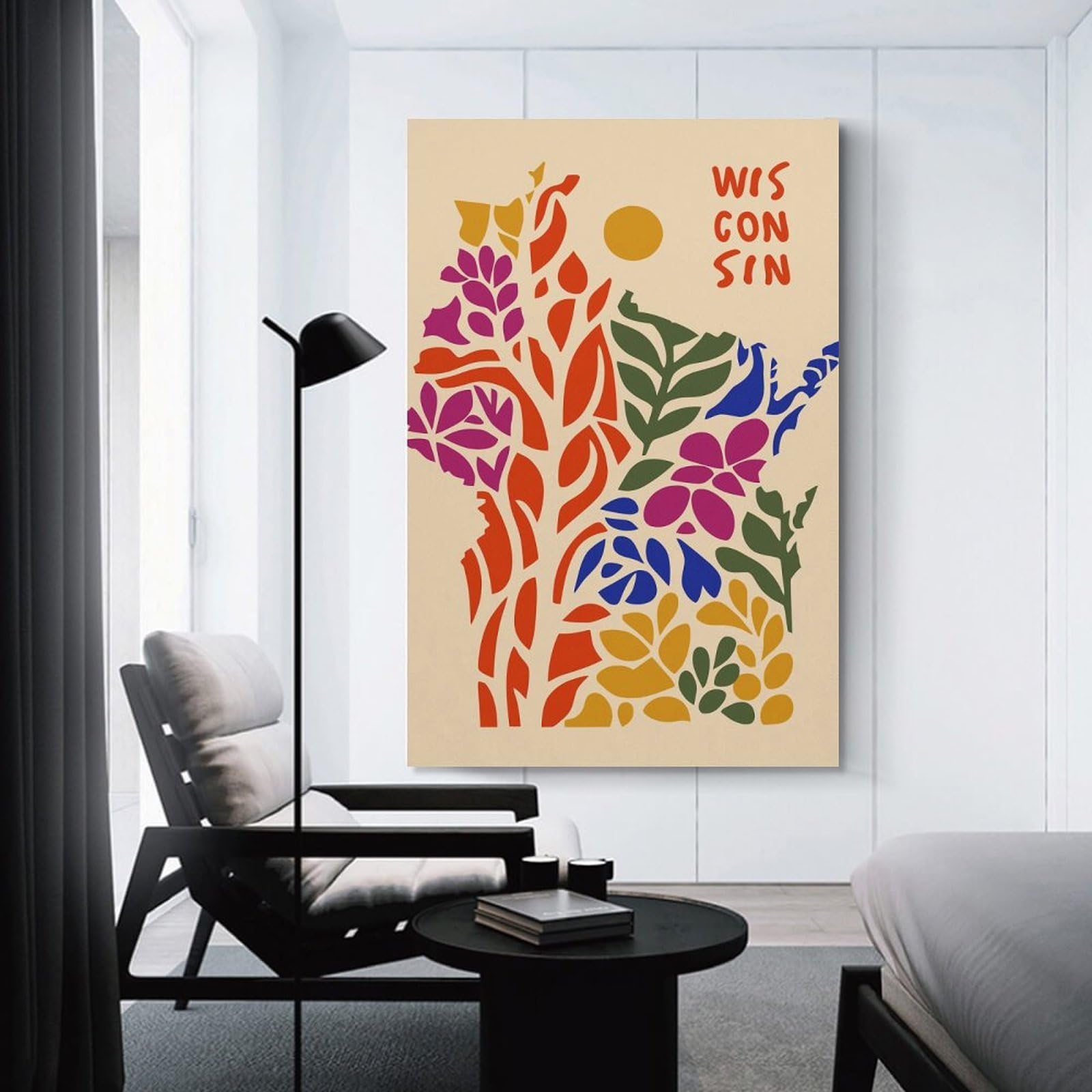 Junmoney Wisconsin Floral Map Art Print Canvas Art Print, 20x30inch(50x75cm), for Home Walls, Creative Rooms Or Shared Spaces, Decorative Artwork with Broad Appeal
