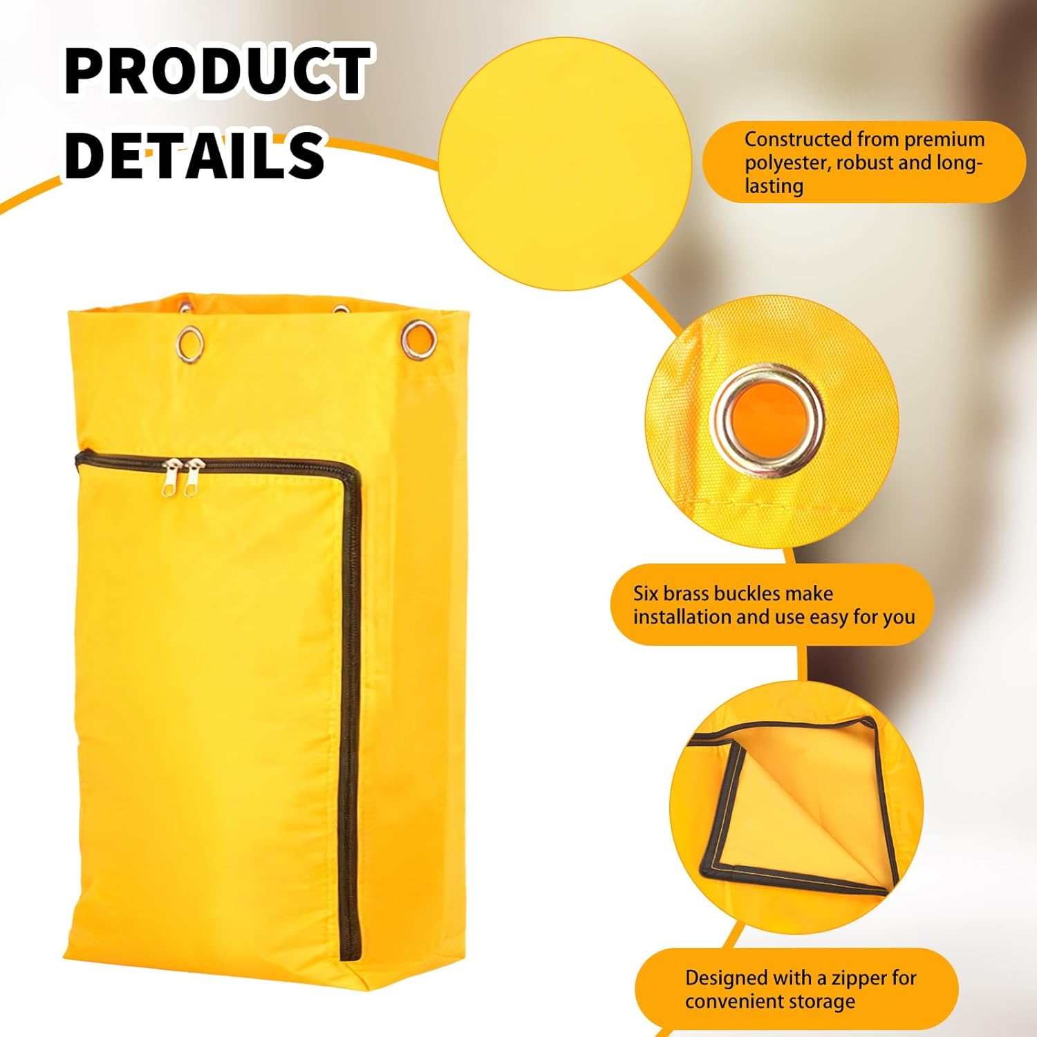 3 Pcs Replacement Janitorial Cleaning Cart Bag with Front Zippered 26.5 x 15.5 x 10.5 Inch 24 Gallon Large Yellow Capacity Cleaning Bags for Commercial Housekeeping Carts