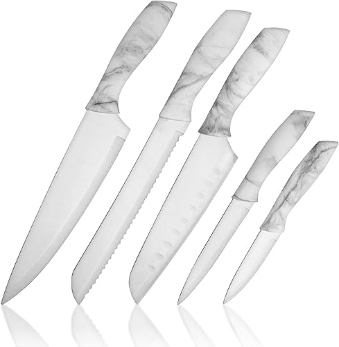 BINO Juego de cuchillos de cocina de acero inoxidable de 5 piezas con funda mármol cuchillo para picar cuchillo dentado cuchillo Santoku