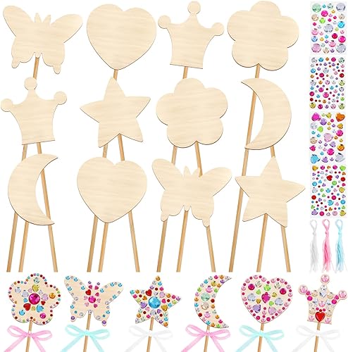 Aodaer Kit de 54 varitas de hadas de princesa que incluye varitas de hadas de madera calcomanías de gemas cintas para hacer tu propia varita de