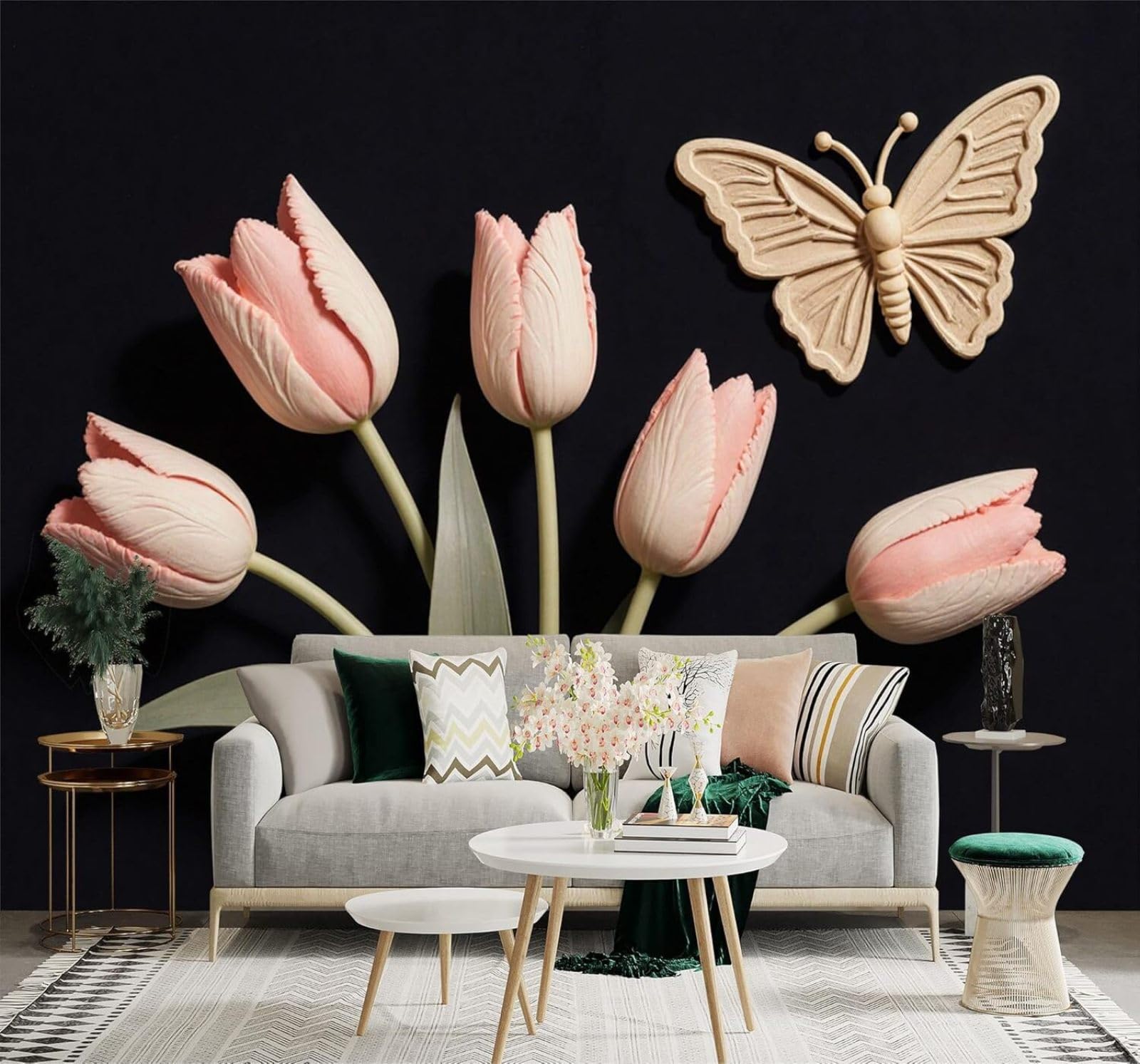 XLMING Relief Pink Tulips Green Leaves Butterflies Dark Background 3D Wallpaper Premium Textured Silk Study Dining Living Room Bedroom Sofa TV Wall Easy Install-250cm×170cm