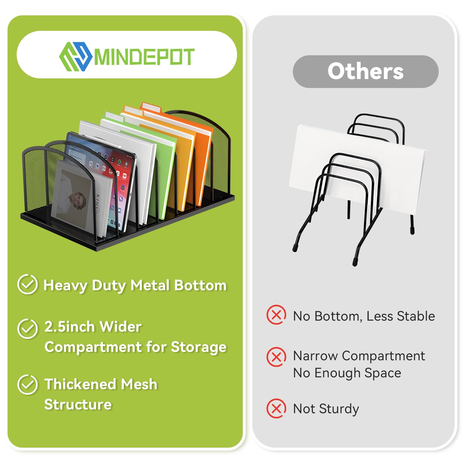 MINDEPOT Schreibtisch-Aktenordner, 7 Fächer, aufrechter Netz-Aktenordner für Schreibtisch, Büro-Organisation, Aktenhalter für Zuhause, Büro und Klassenzimmer (Schwarz, 1 Stück)
