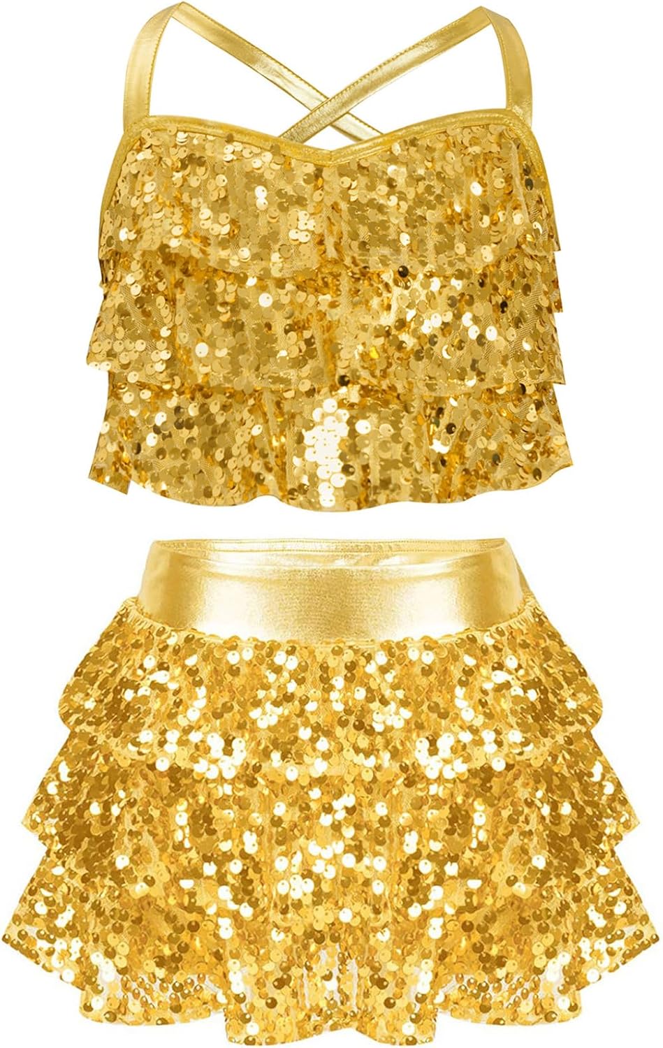 Hansber Kids Girls Sequin Cheerleading Dance Outfits Dress Metallic Crop Top with Skirt Set Jazz Latin Hip Hop Costume