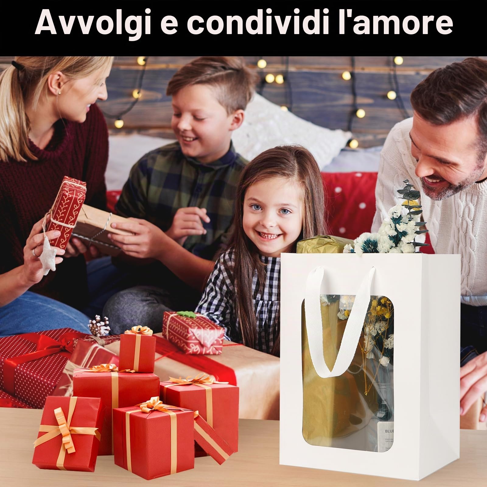 EUSOAR Sacchetti Regalo Bianco - 50 Pack Sacchetti di Carta con Finestra - 20x16x30cm Buste Carta con Manico - 230GSM Busta Regalo Compleanno - Sacchetti Trasparenti Festa Shopper