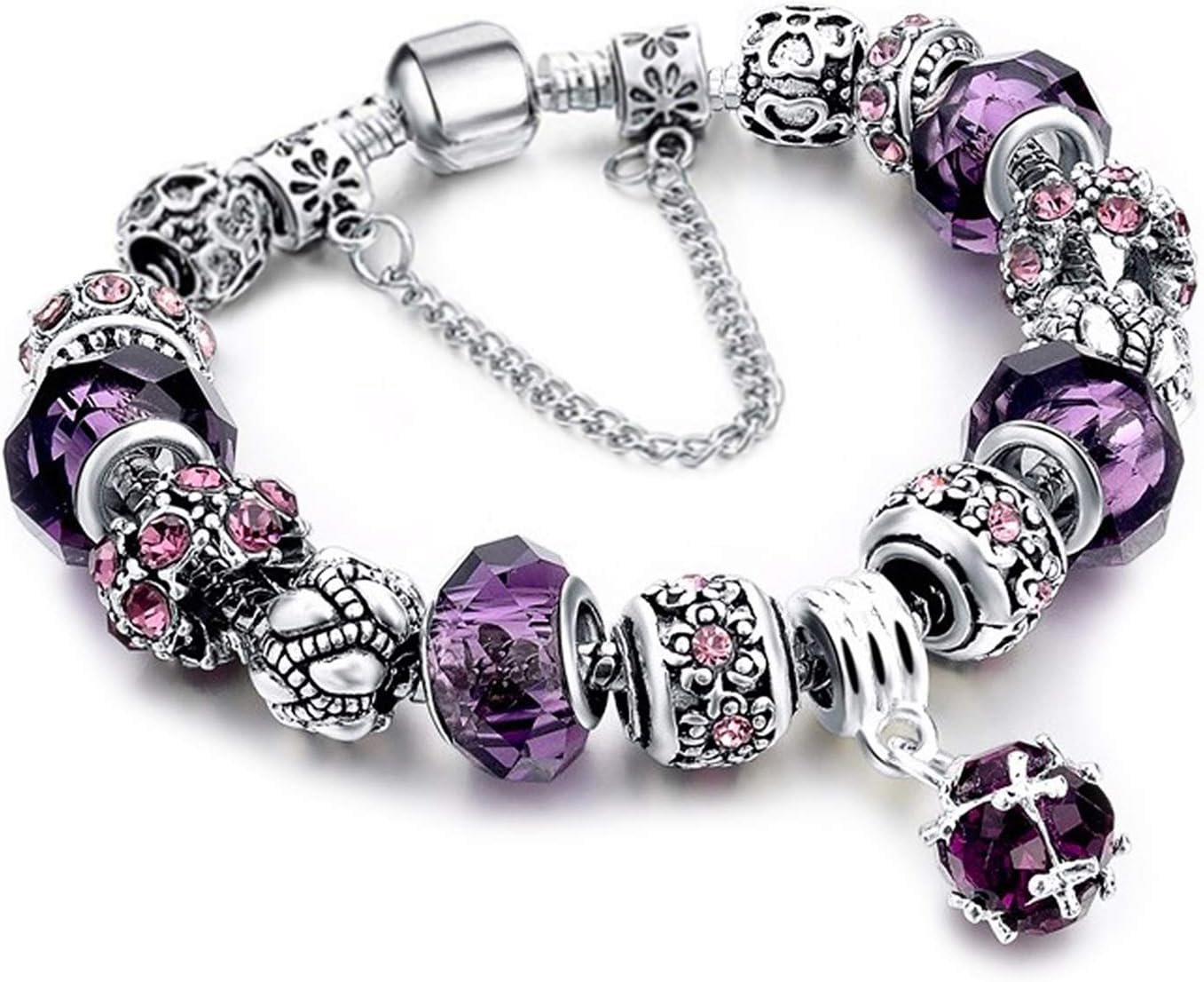 Love Beads Charms Bracelet for Women Snake Chain Unicorn Charm Flower Charms Bracelets Birthday Gifts for Her Amethyst Bracelet
