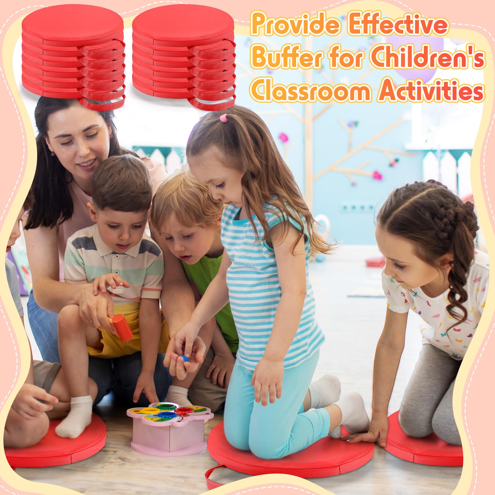 Cojines de Suelo de 30 x 30 cm para aulas. Asientos de Suelo Flexibles con Asas. Cojines de moqueta para aulas para niños pequeños, guarderías y Muebles de Preescolar.(Red)