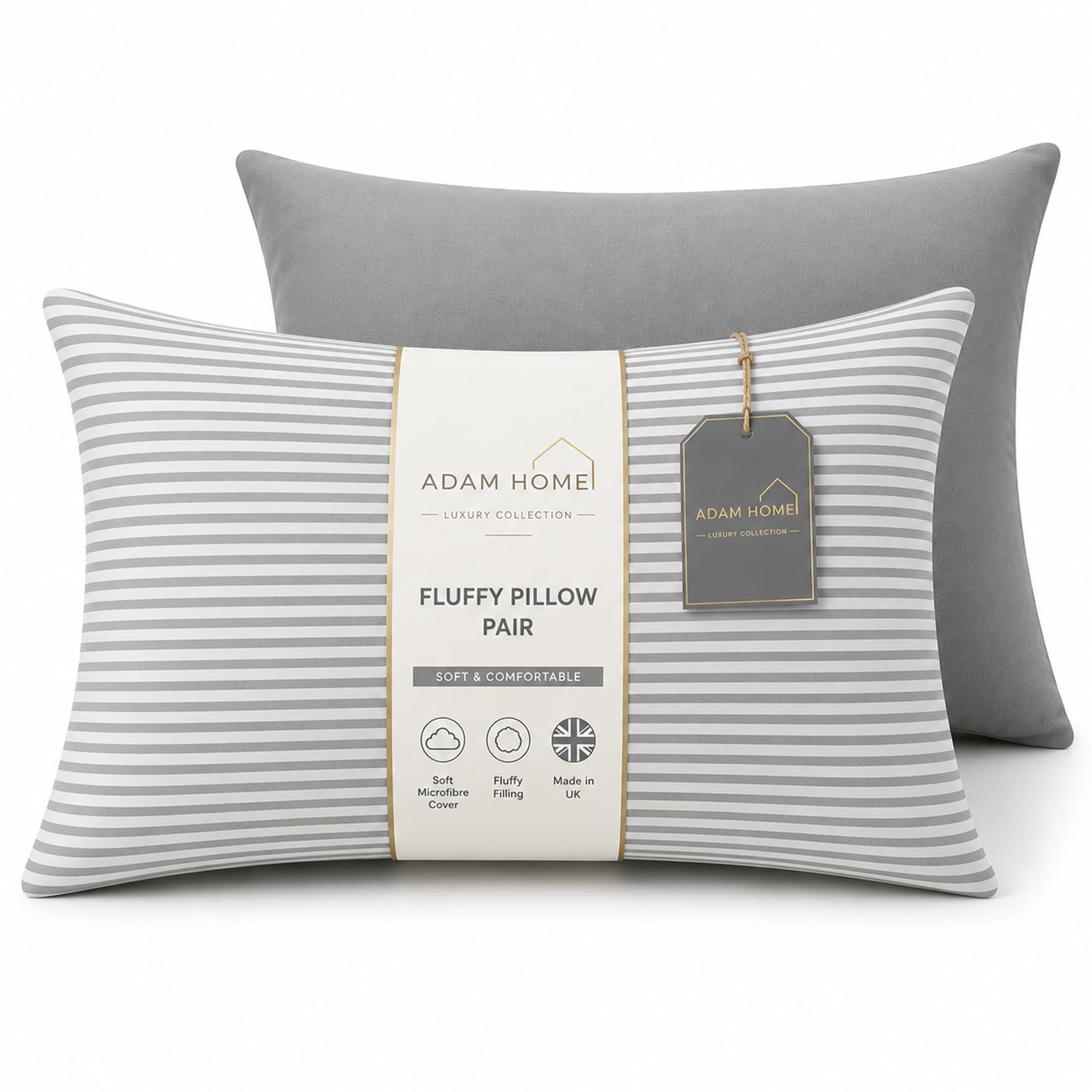 Adam Home Pillows 2 Pack Hotel Quality Stripe Bed Pillows Hypoallergenic & Anti Dust Mite Resistant Firm Support Side Sleeper Bounce Back Pillow|Grey