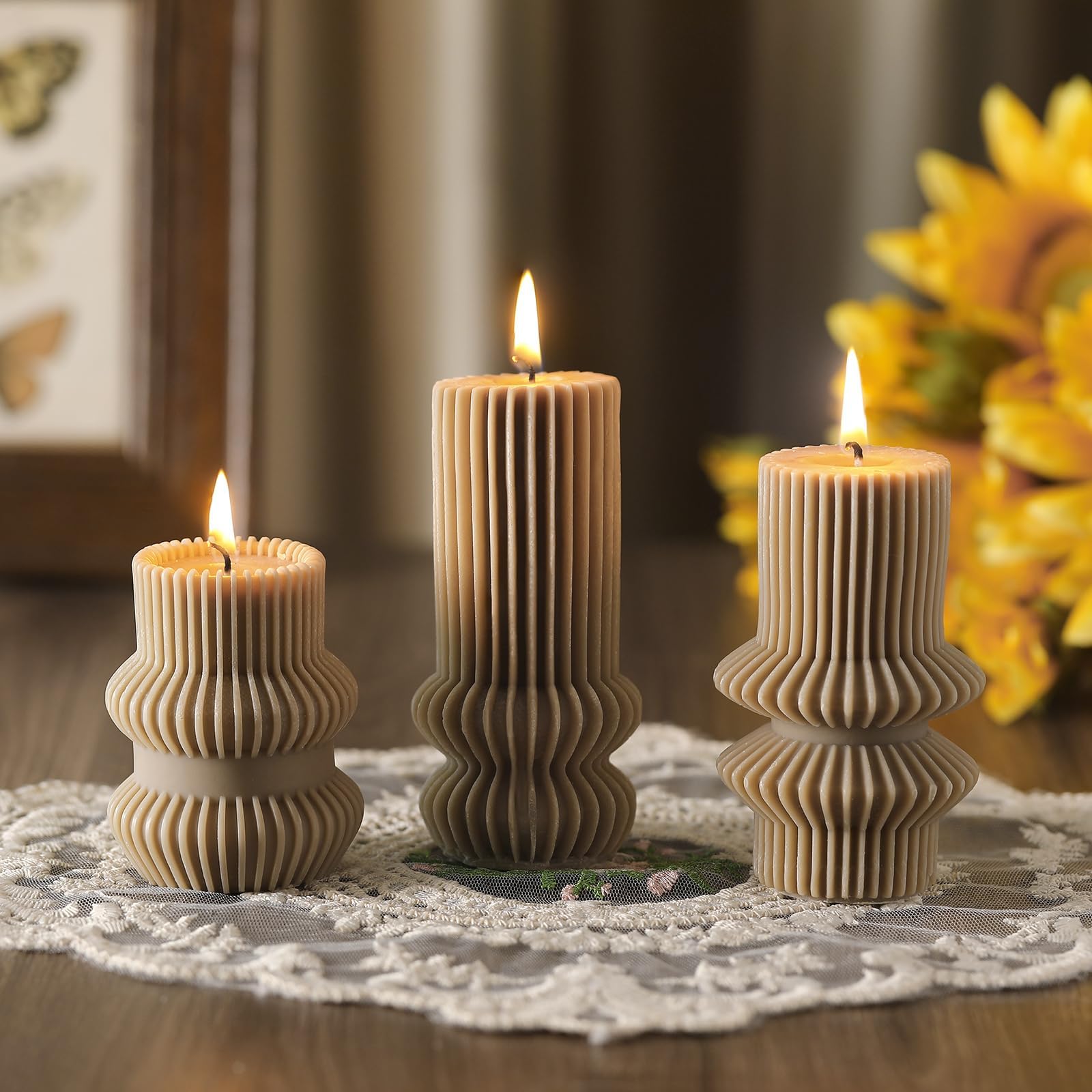 MTLEE 3 Pcs 4.7, 4.2, 3.2 in Height, Small Ribbed Pillar Candles Scented Decorative Candles Soy Wax Aesthetic Modern Geometric Home Decor for Bathroom Living Room(Khaki)