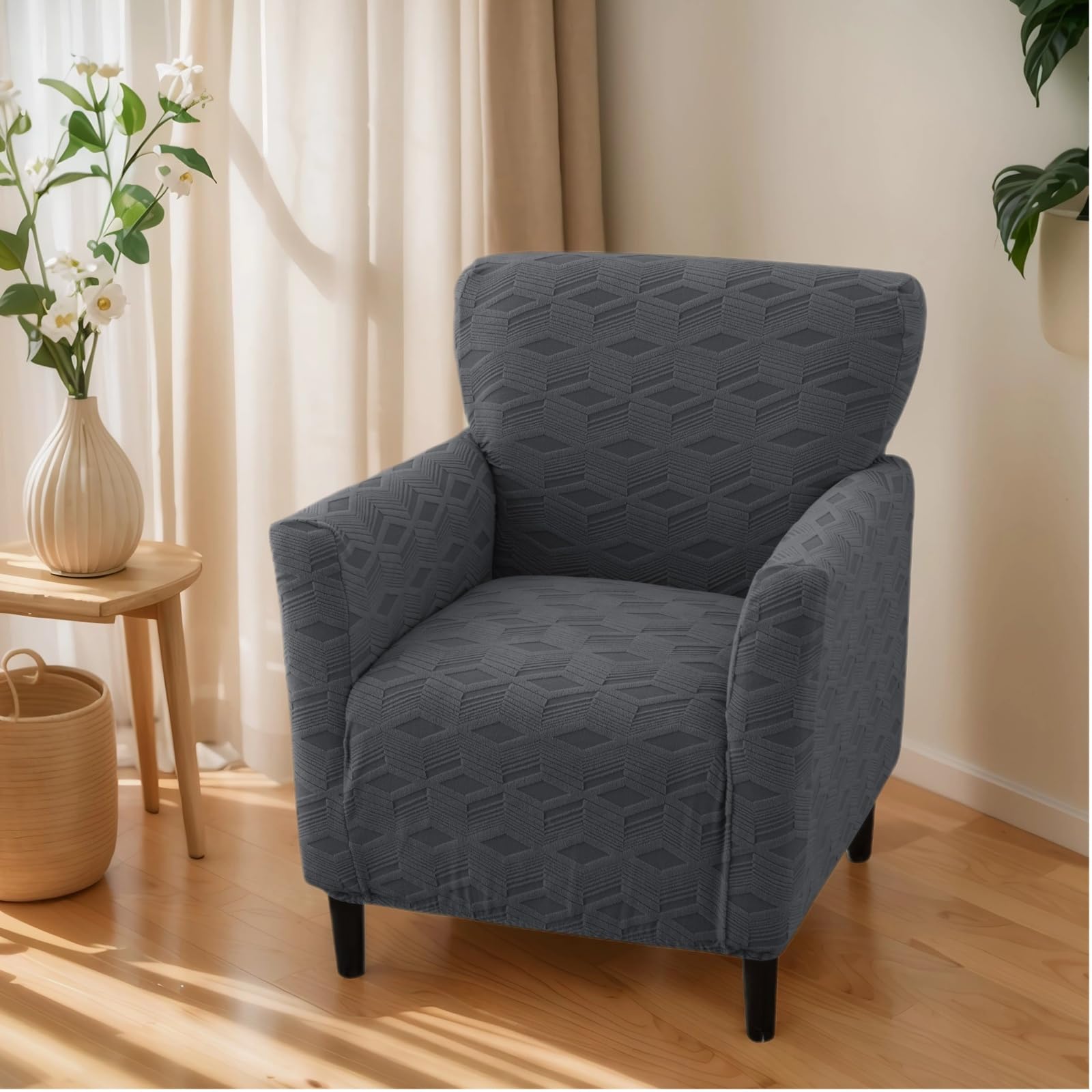 OKYUK Banquet Armchair Slipcovers Printed Chair Slipcovers with Arms 1-Piece Stretch Chair Covers for Living Room Anti Slip Soft Armchair Slipcover Kids Pets Friendly (Dark gray Checkered)